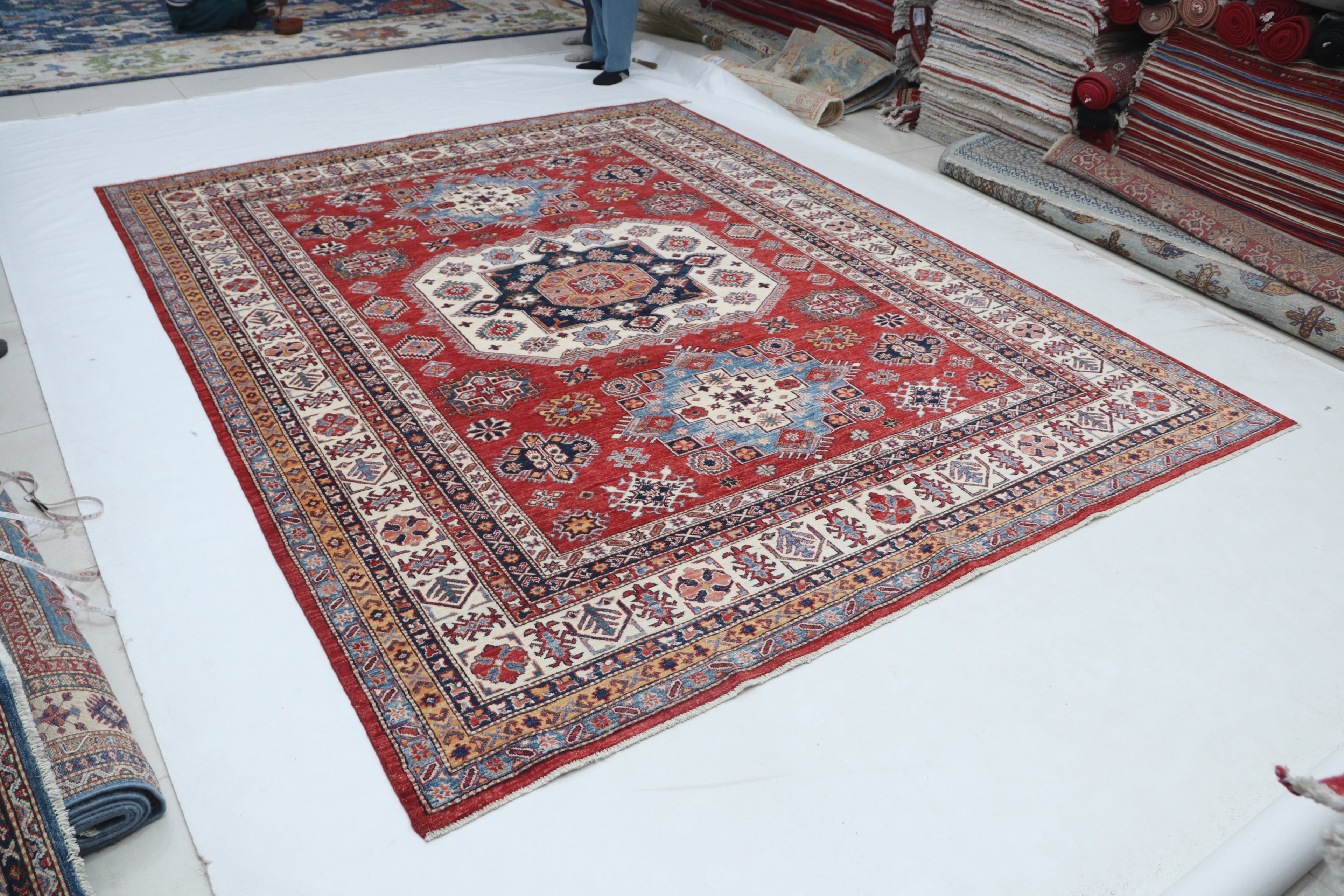 8x10 Super Kazak Geometric Area Rug | Handmade Cotton & Wool Rug | Vegetable Dyed