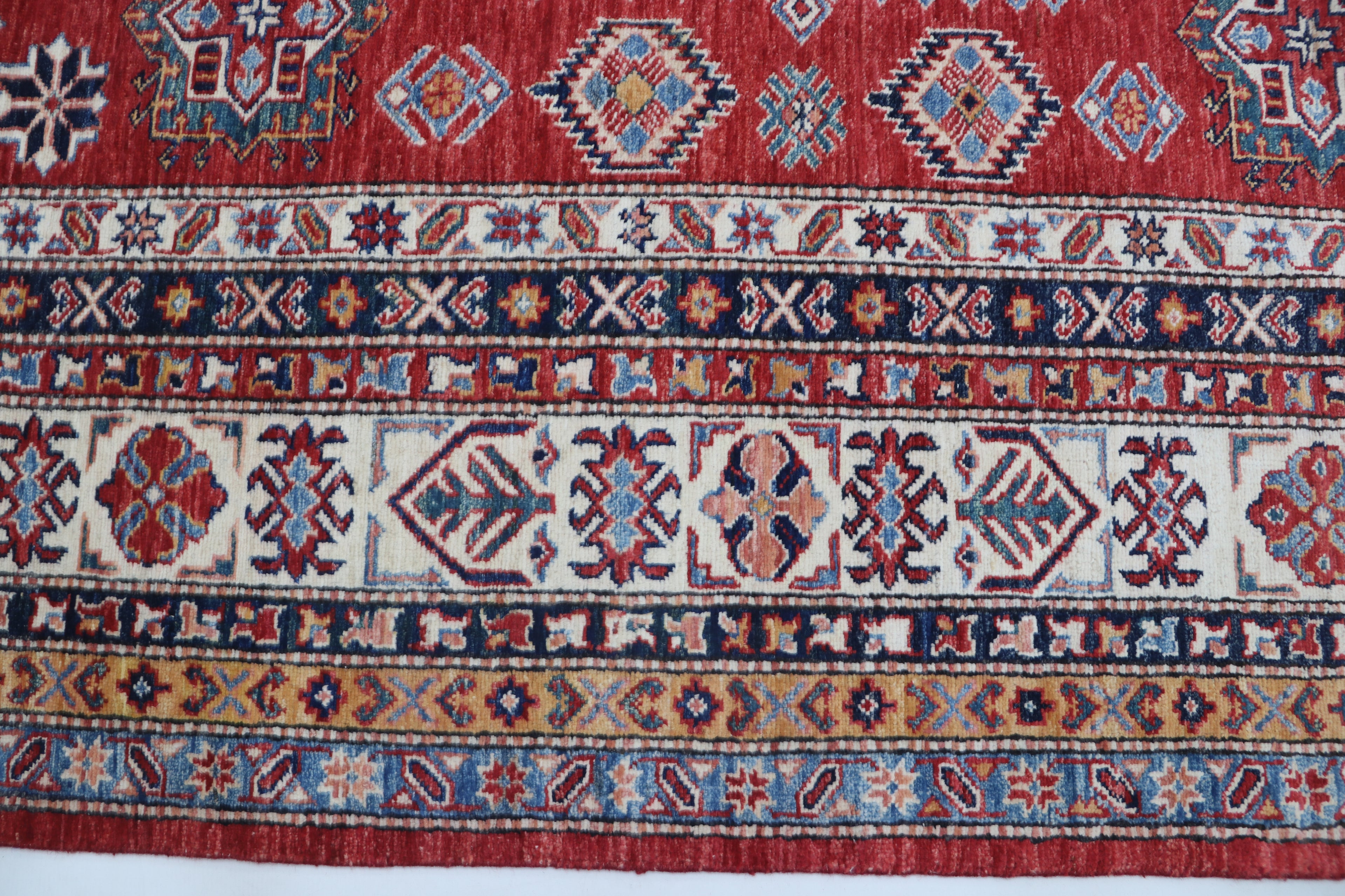8x10 Super Kazak Geometric Area Rug | Handmade Cotton & Wool Rug | Vegetable Dyed