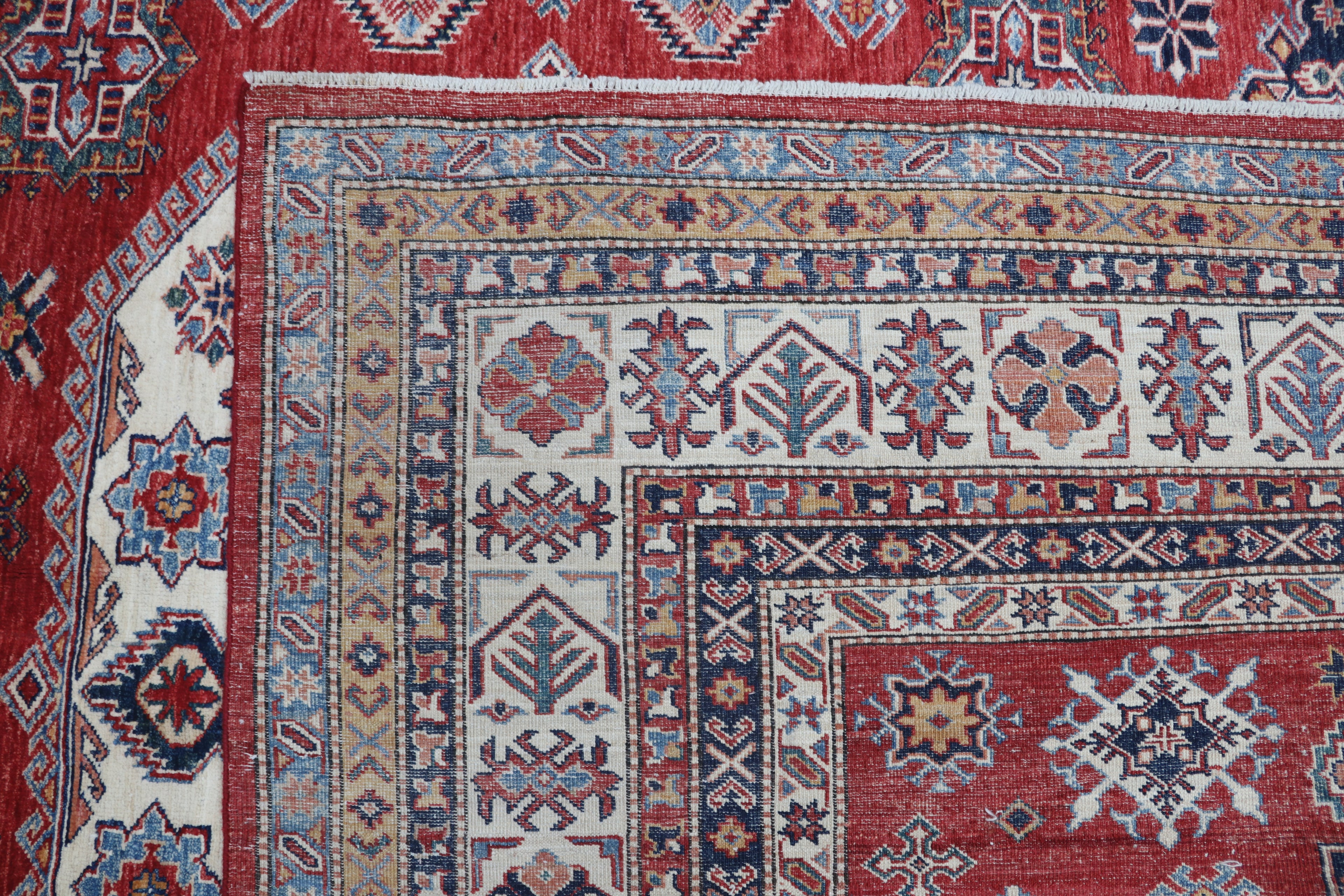 8x10 Super Kazak Geometric Area Rug | Handmade Cotton & Wool Rug | Vegetable Dyed