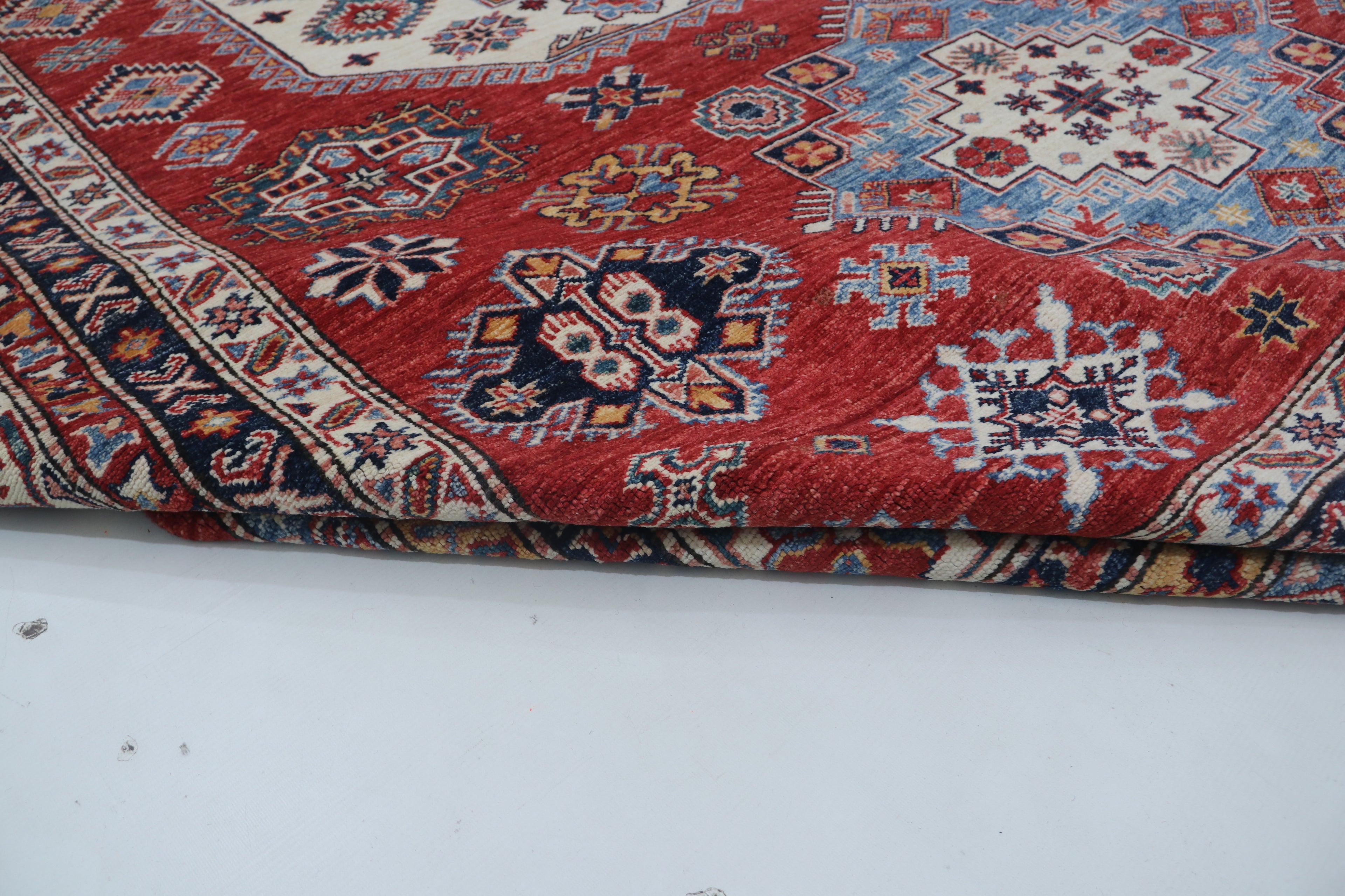 8x10 Super Kazak Geometric Area Rug | Handmade Cotton & Wool Rug | Vegetable Dyed