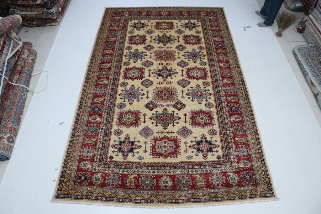 6x10 Super Kazak Geometric Area Rug | Handmade Cotton & Wool Rug | Vegetable Dyed