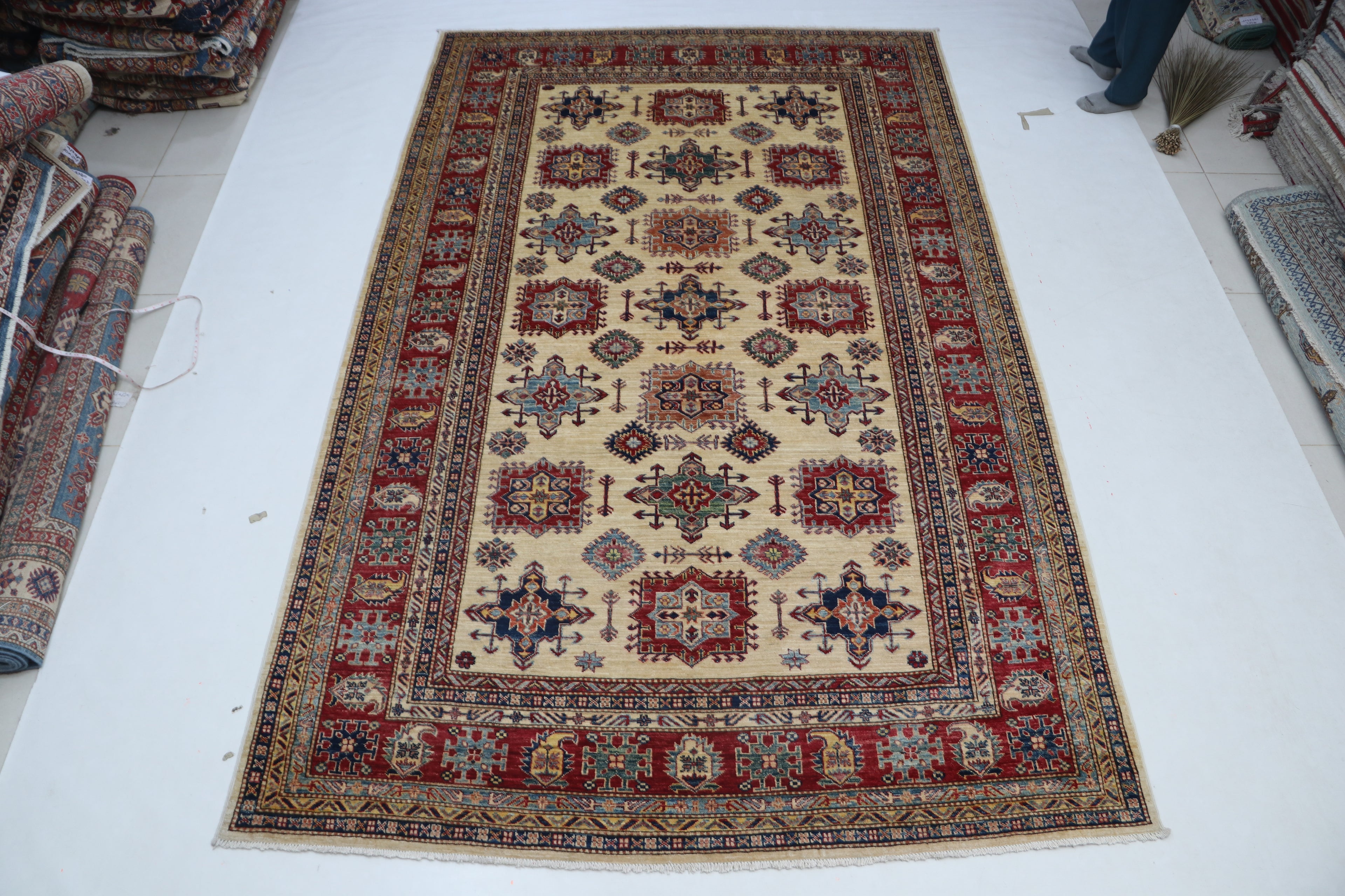 6x10 Super Kazak Geometric Area Rug | Handmade Cotton & Wool Rug | Vegetable Dyed