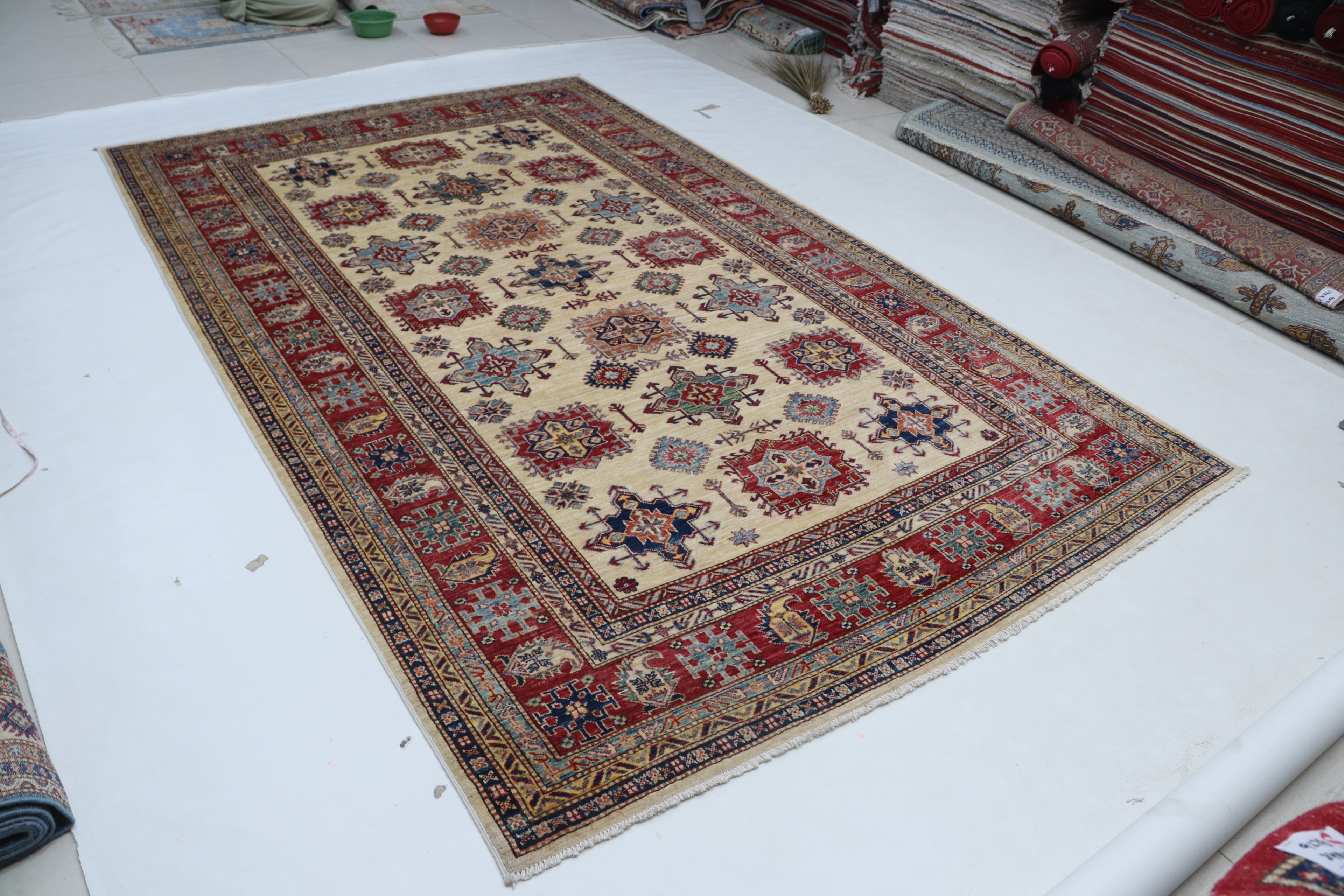 6x10 Super Kazak Geometric Area Rug | Handmade Cotton & Wool Rug | Vegetable Dyed