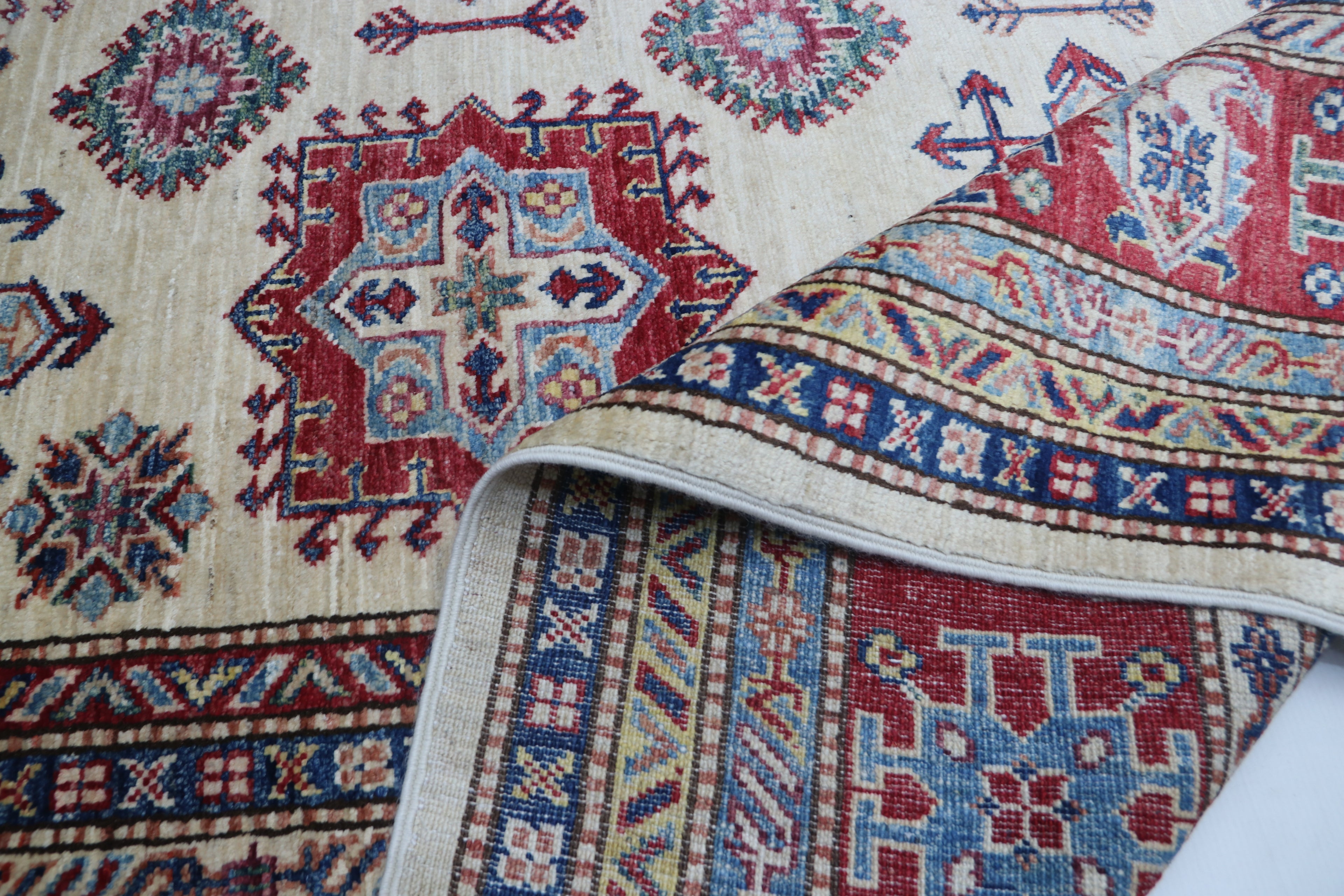 6x10 Super Kazak Geometric Area Rug | Handmade Cotton & Wool Rug | Vegetable Dyed