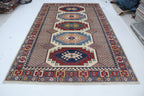 7x11 Beige & Red Super Kazak Geometric Handmade Cotton & Wool Rug | Premium Luxury Area Rug
