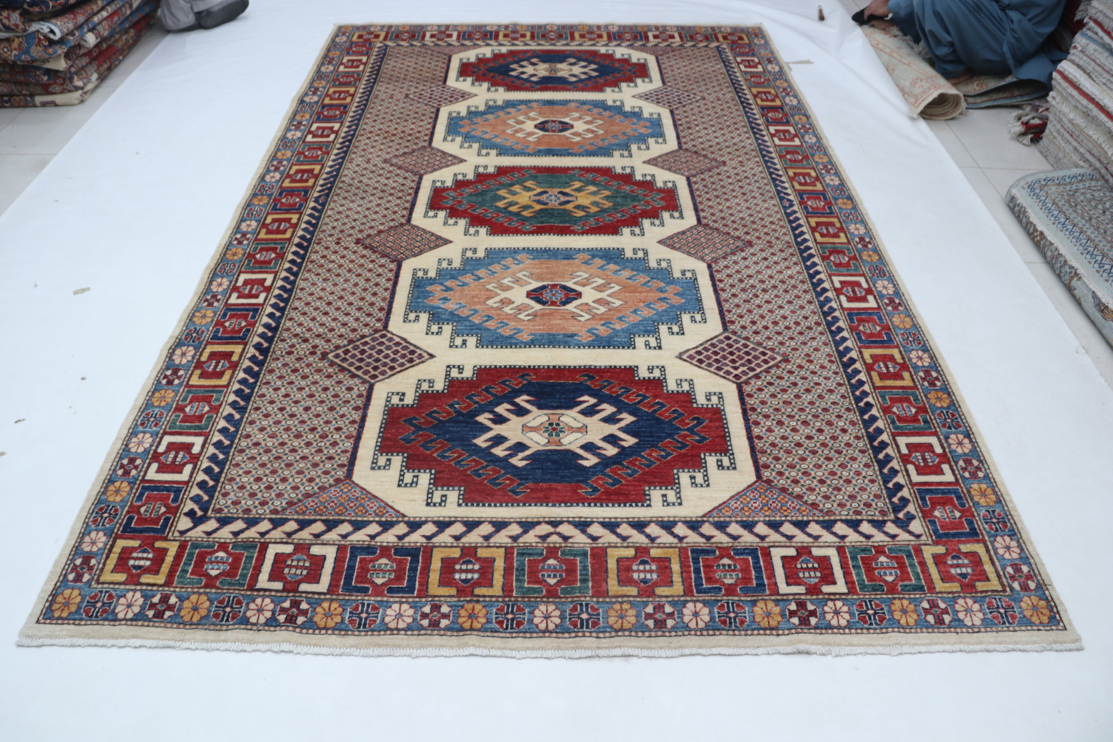 7x11 Beige & Red Super Kazak Geometric Handmade Cotton & Wool Rug | Premium Luxury Area Rug