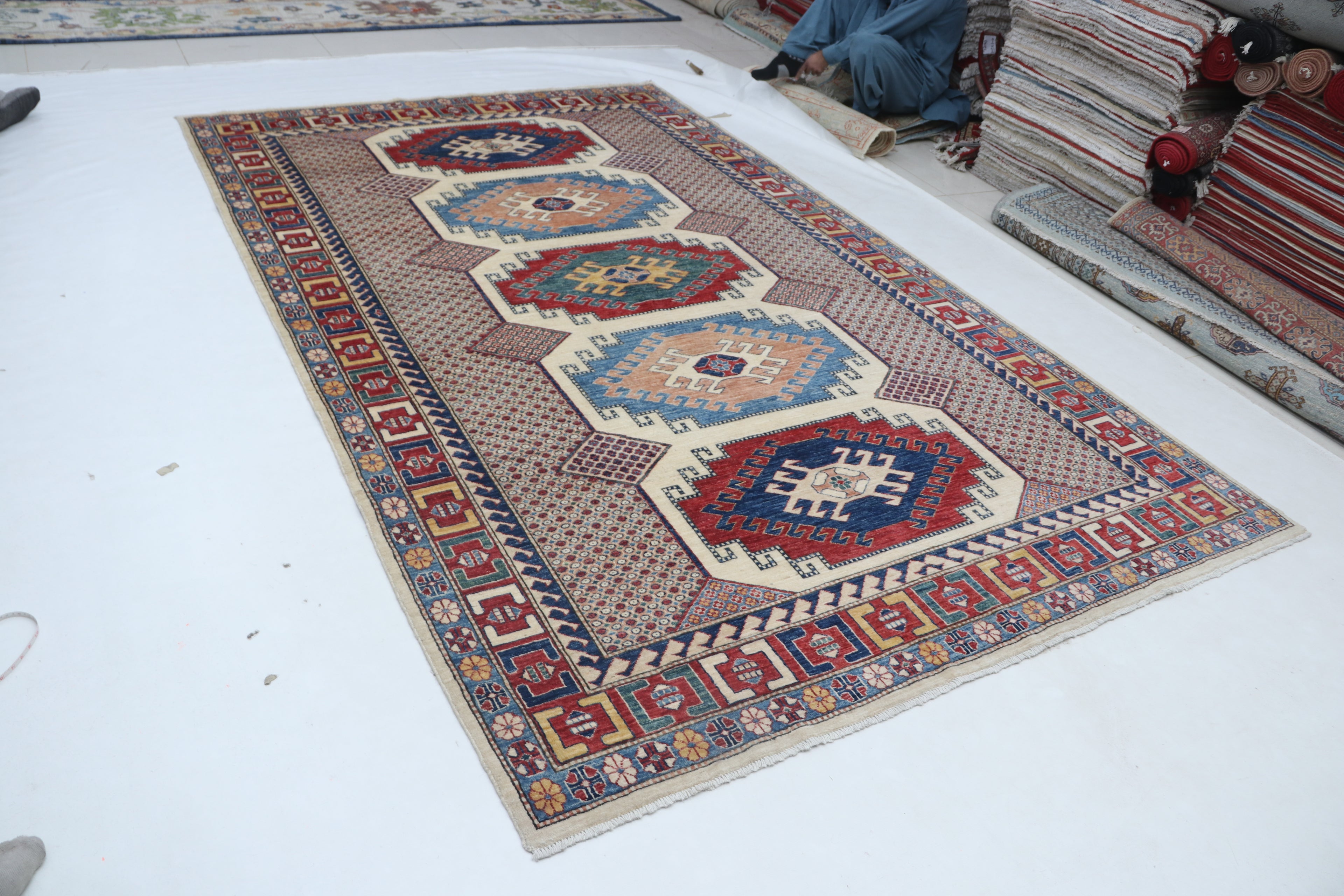 7x11 Beige & Red Super Kazak Geometric Handmade Cotton & Wool Rug | Premium Luxury Area Rug