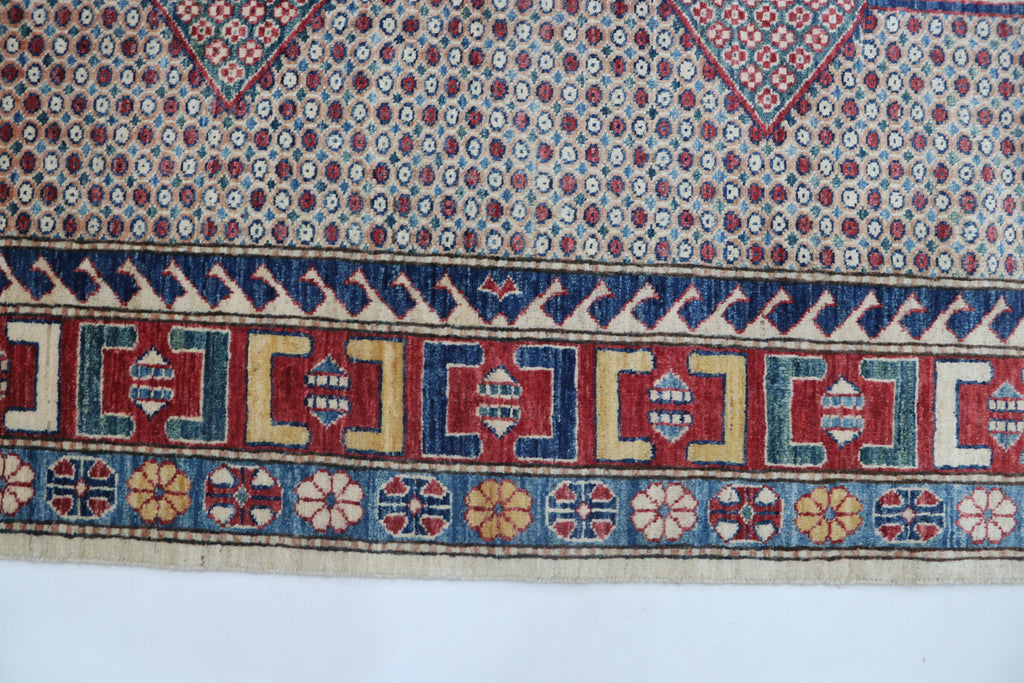 7x11 Beige & Red Super Kazak Geometric Handmade Cotton & Wool Rug | Premium Luxury Area Rug