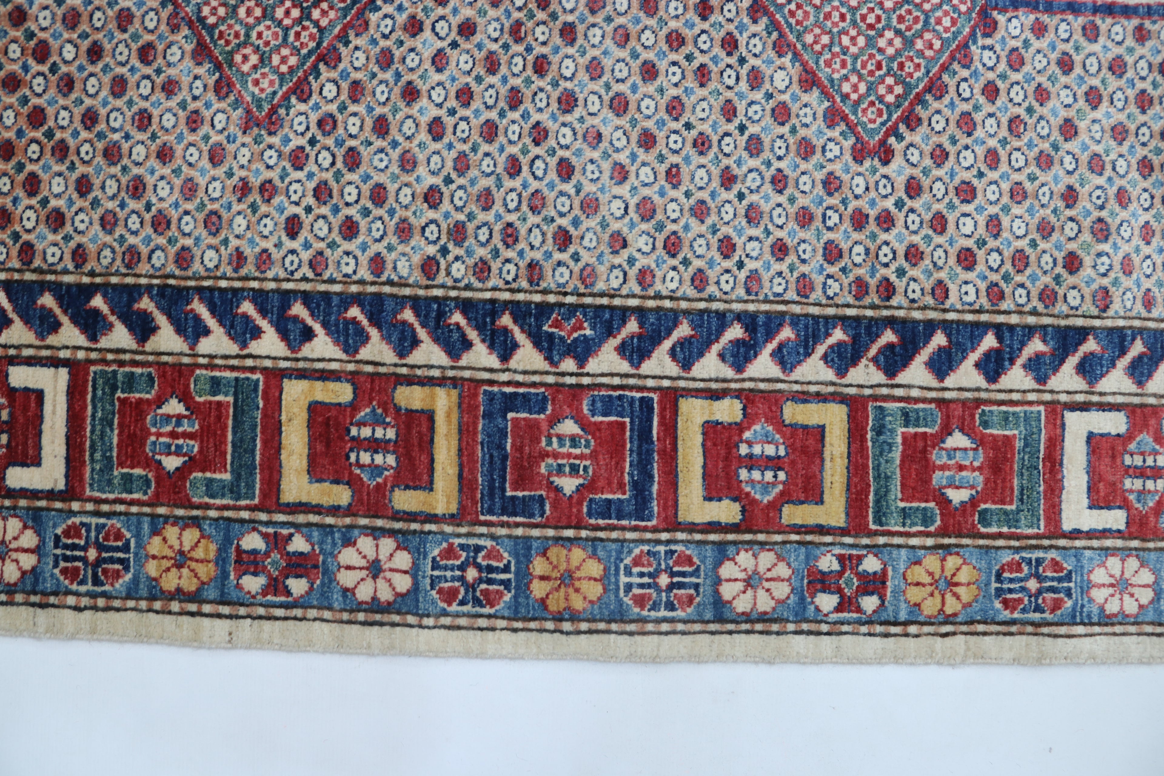 7x11 Beige & Red Super Kazak Geometric Handmade Cotton & Wool Rug | Premium Luxury Area Rug