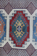 7x11 Beige & Red Super Kazak Geometric Handmade Cotton & Wool Rug | Premium Luxury Area Rug