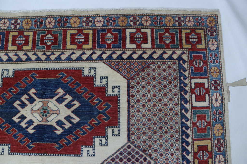 7x11 Beige & Red Super Kazak Geometric Handmade Cotton & Wool Rug | Premium Luxury Area Rug