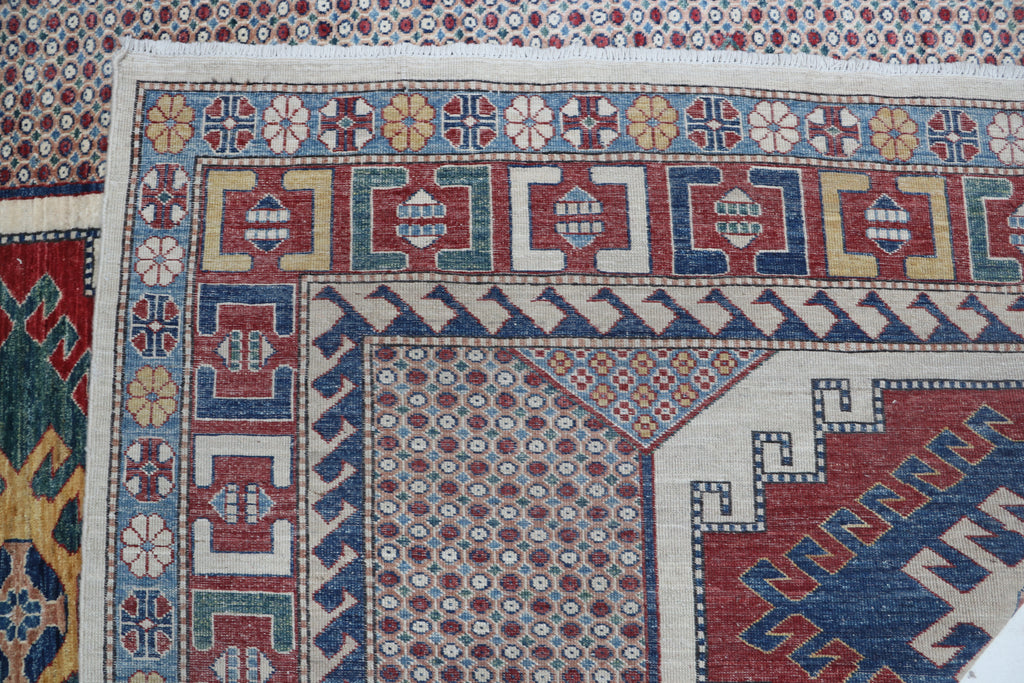 7x11 Beige & Red Super Kazak Geometric Handmade Cotton & Wool Rug | Premium Luxury Area Rug