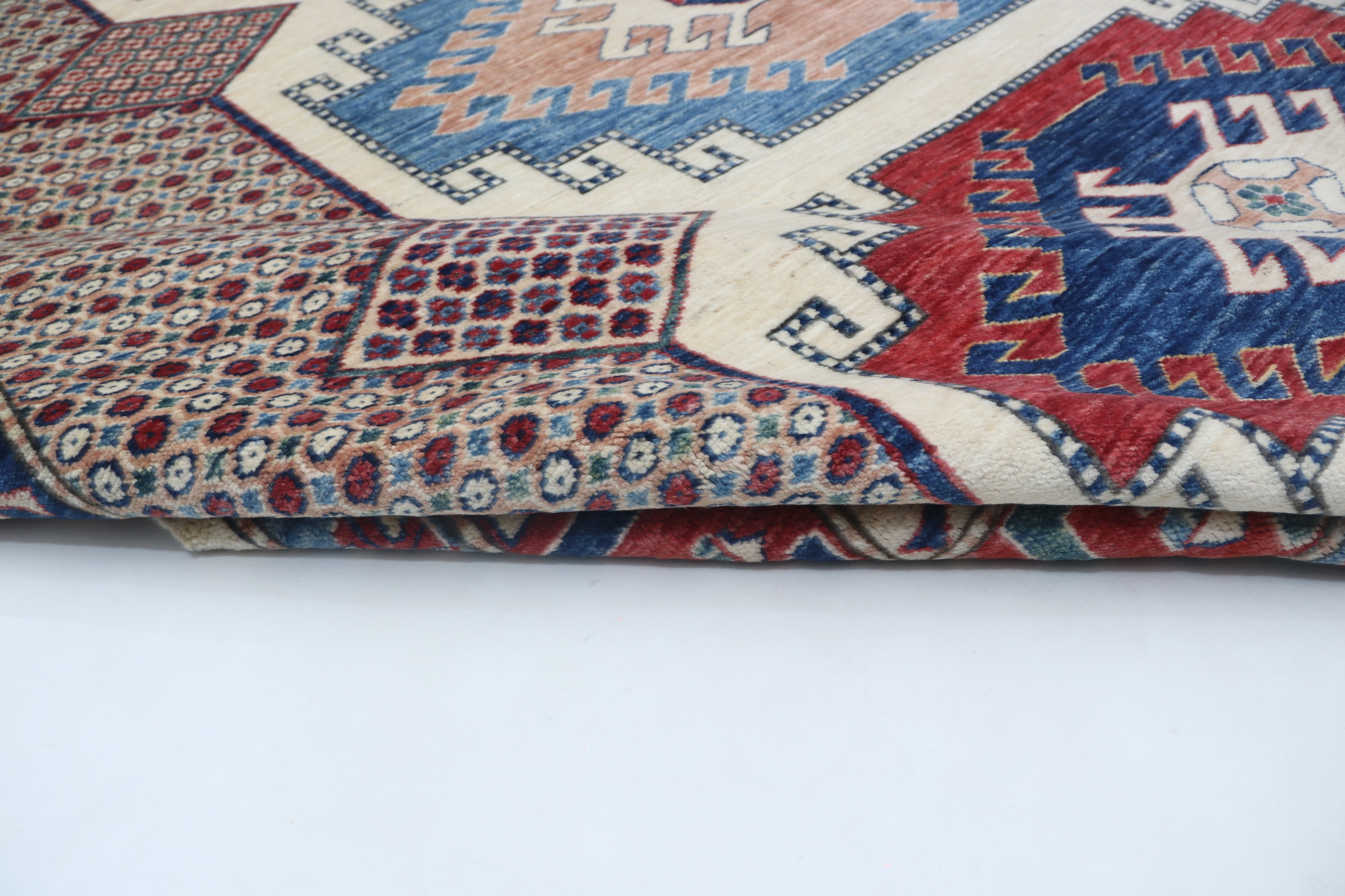 7x11 Beige & Red Super Kazak Geometric Handmade Cotton & Wool Rug | Premium Luxury Area Rug