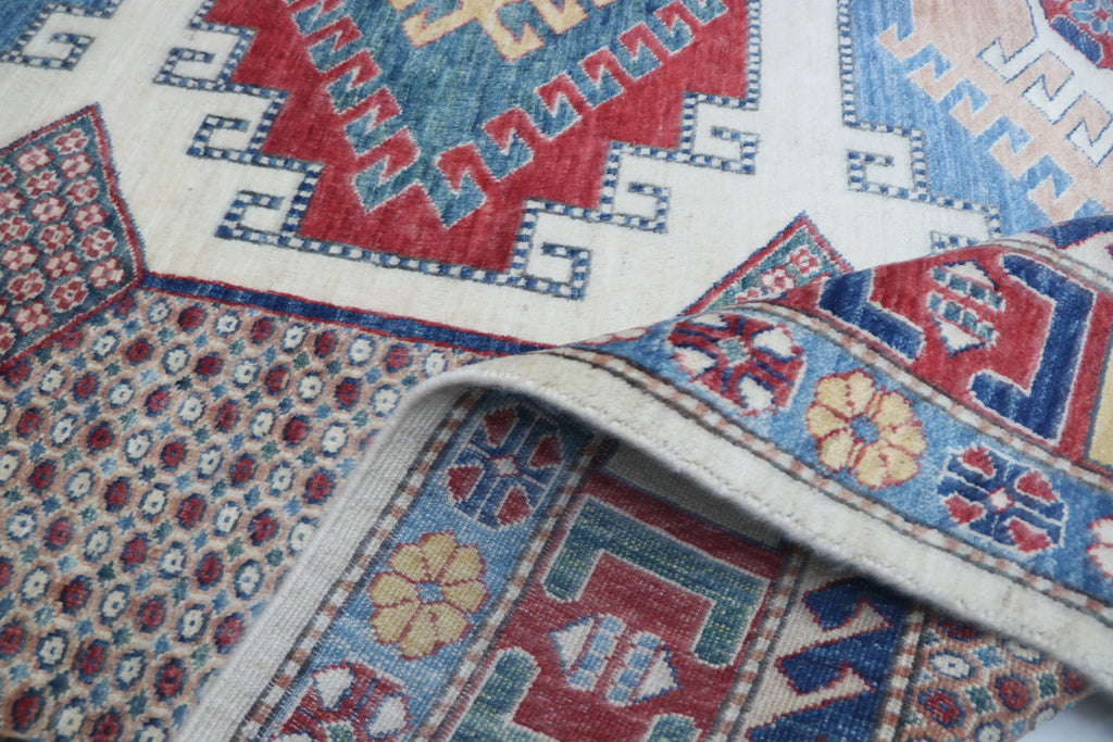 7x11 Beige & Red Super Kazak Geometric Handmade Cotton & Wool Rug | Premium Luxury Area Rug