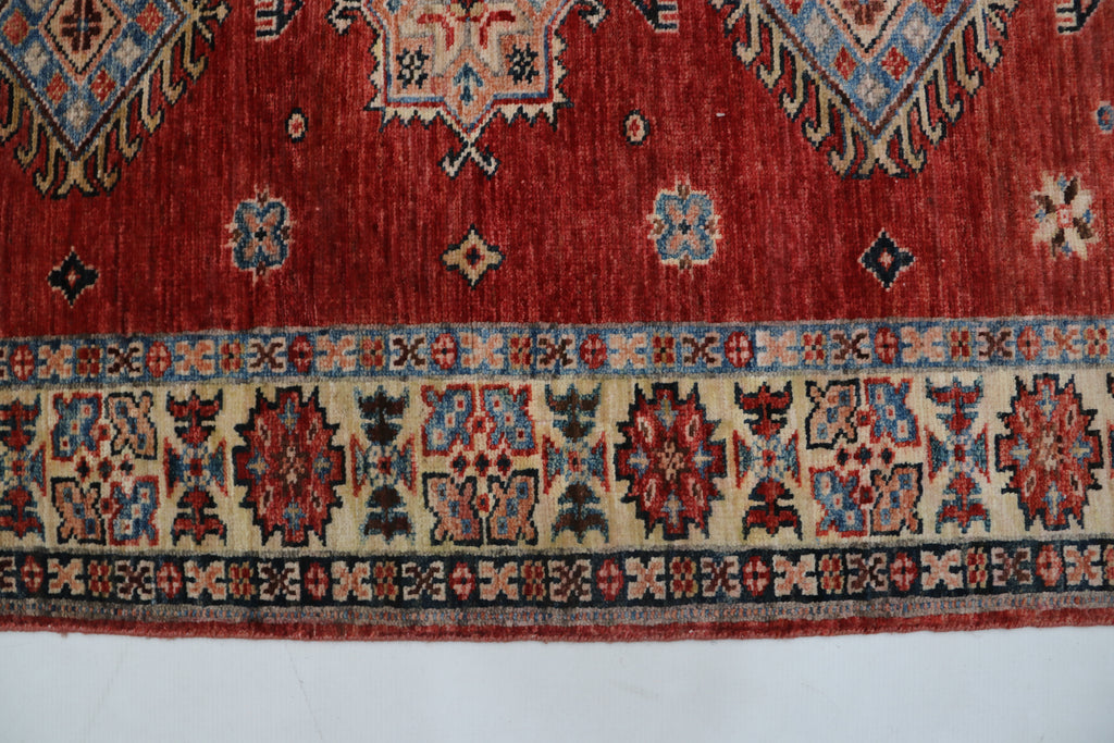 3x8 Red & Beige Super Kazak Geometric Handmade Cotton & Wool Runner Rug | Premium Luxury Runner Rug