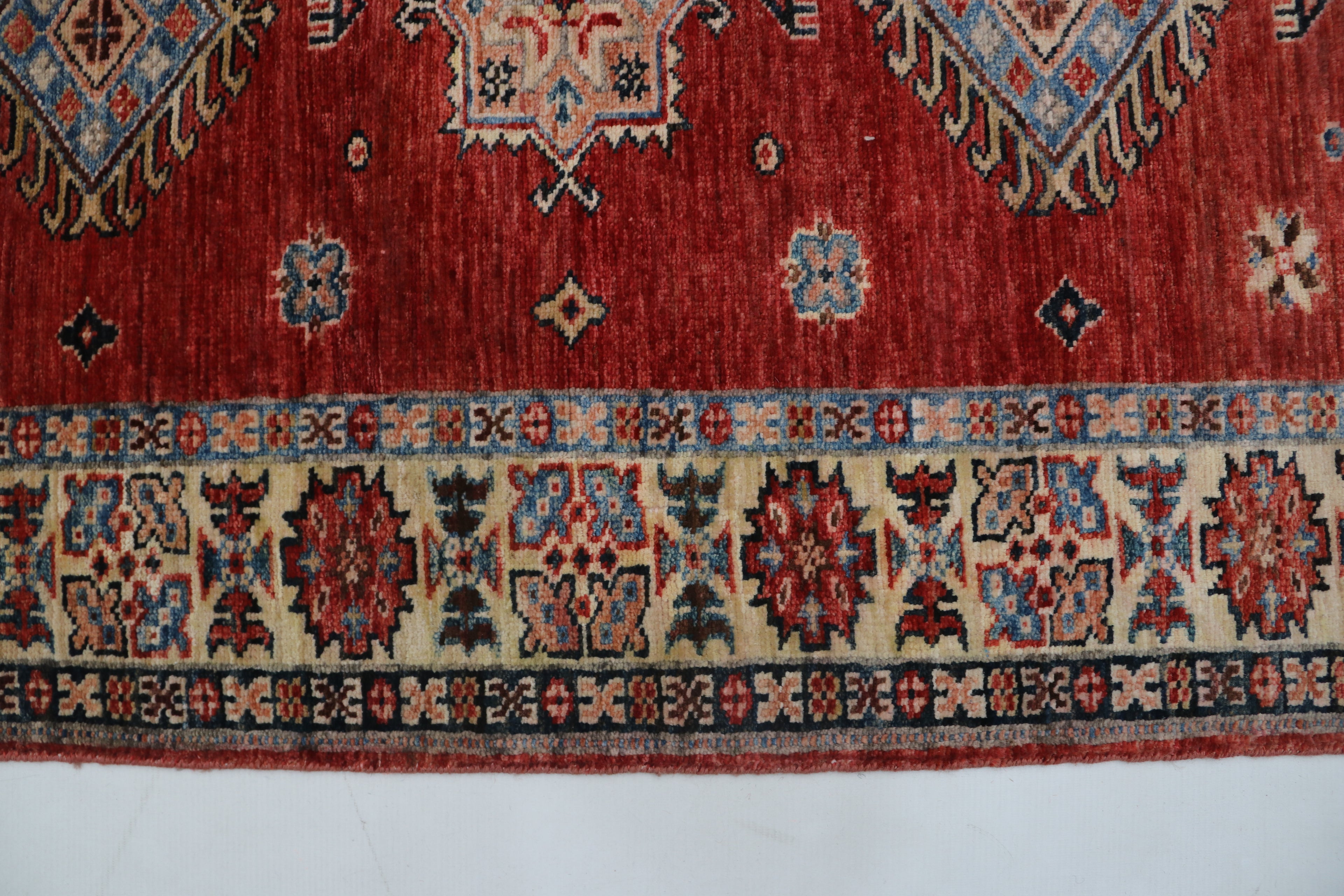 3x8 Red & Beige Super Kazak Geometric Handmade Cotton & Wool Runner Rug | Premium Luxury Runner Rug