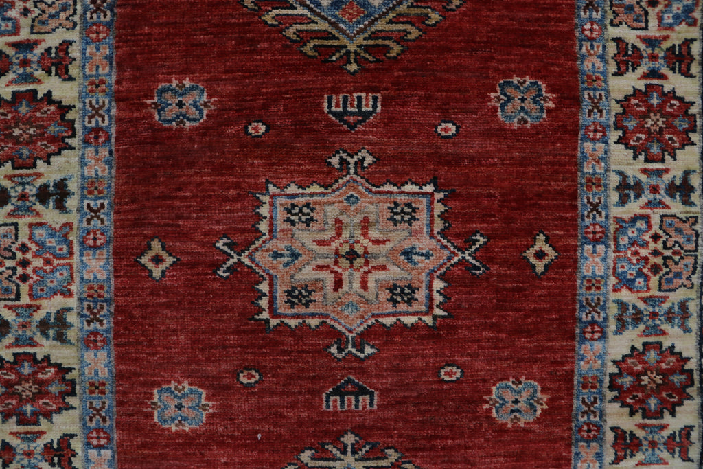 3x8 Red & Beige Super Kazak Geometric Handmade Cotton & Wool Runner Rug | Premium Luxury Runner Rug