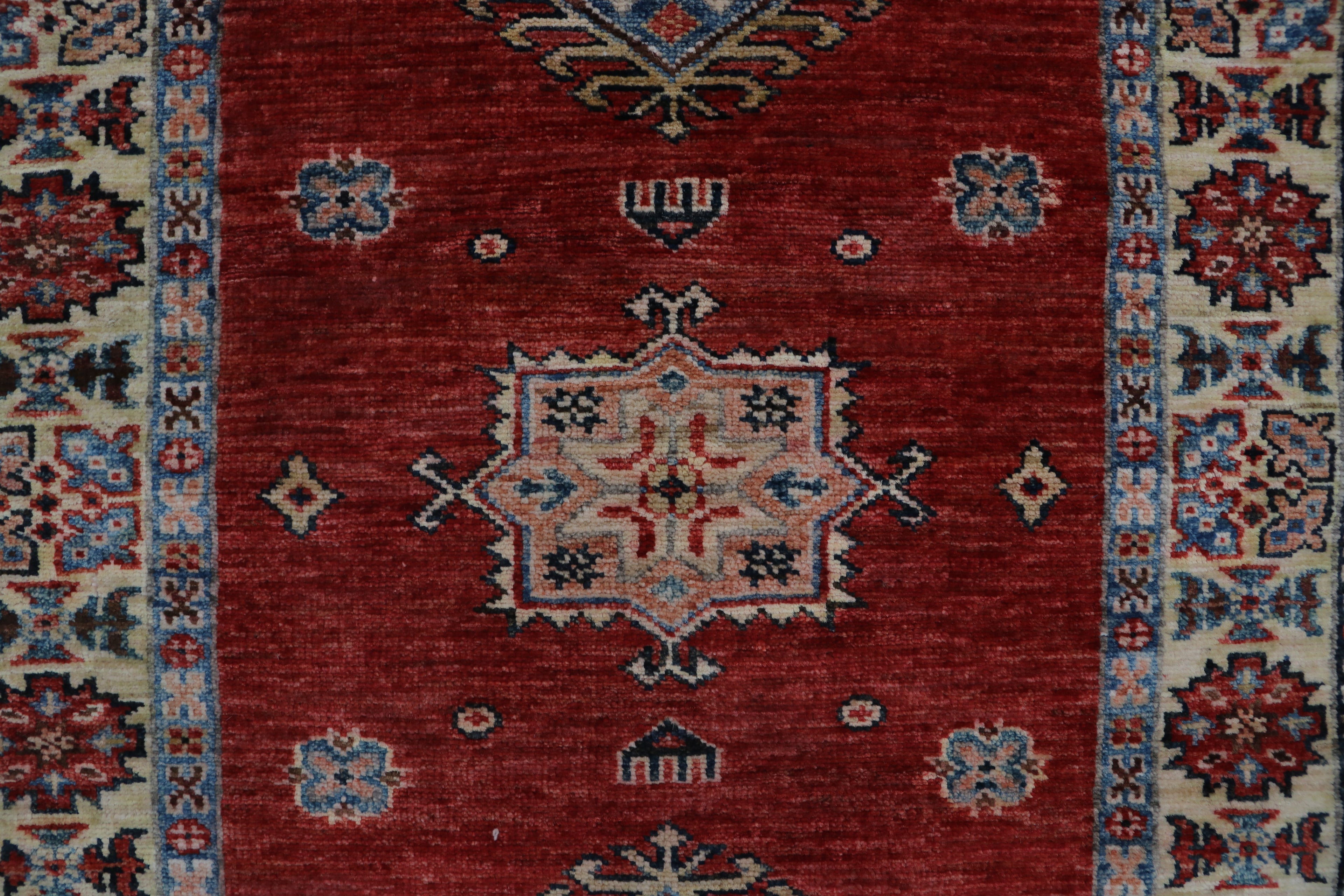 3x8 Red & Beige Super Kazak Geometric Handmade Cotton & Wool Runner Rug | Premium Luxury Runner Rug