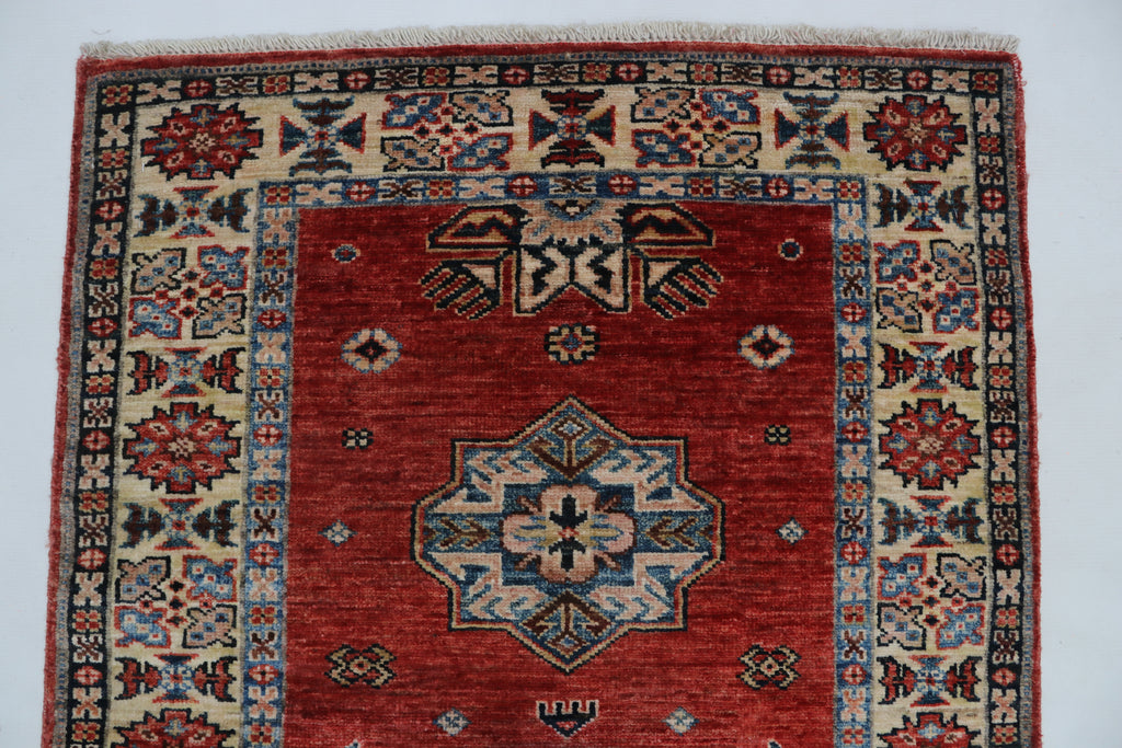3x8 Red & Beige Super Kazak Geometric Handmade Cotton & Wool Runner Rug | Premium Luxury Runner Rug
