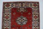 3x8 Red & Beige Super Kazak Geometric Handmade Cotton & Wool Runner Rug | Premium Luxury Runner Rug