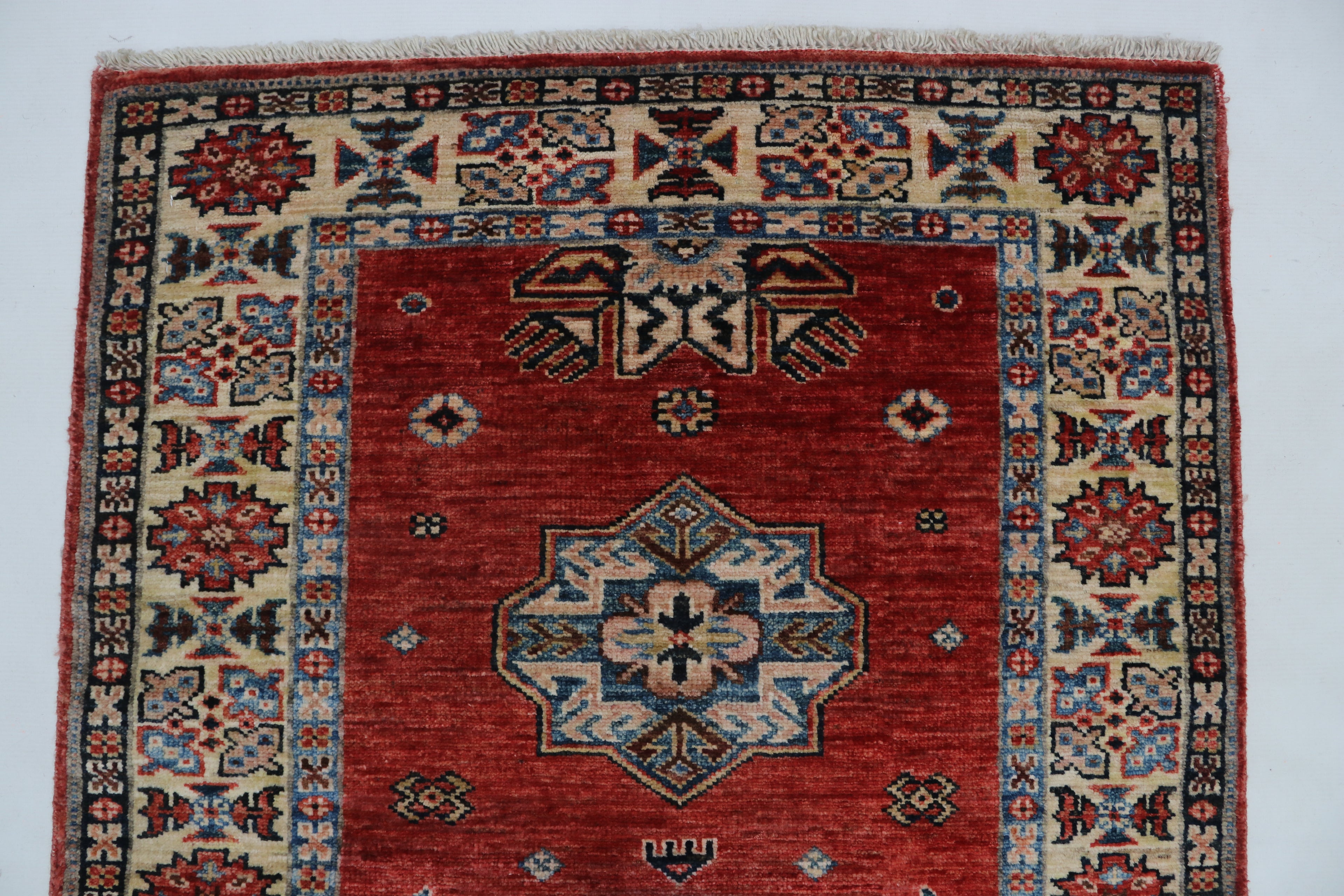 3x8 Red & Beige Super Kazak Geometric Handmade Cotton & Wool Runner Rug | Premium Luxury Runner Rug