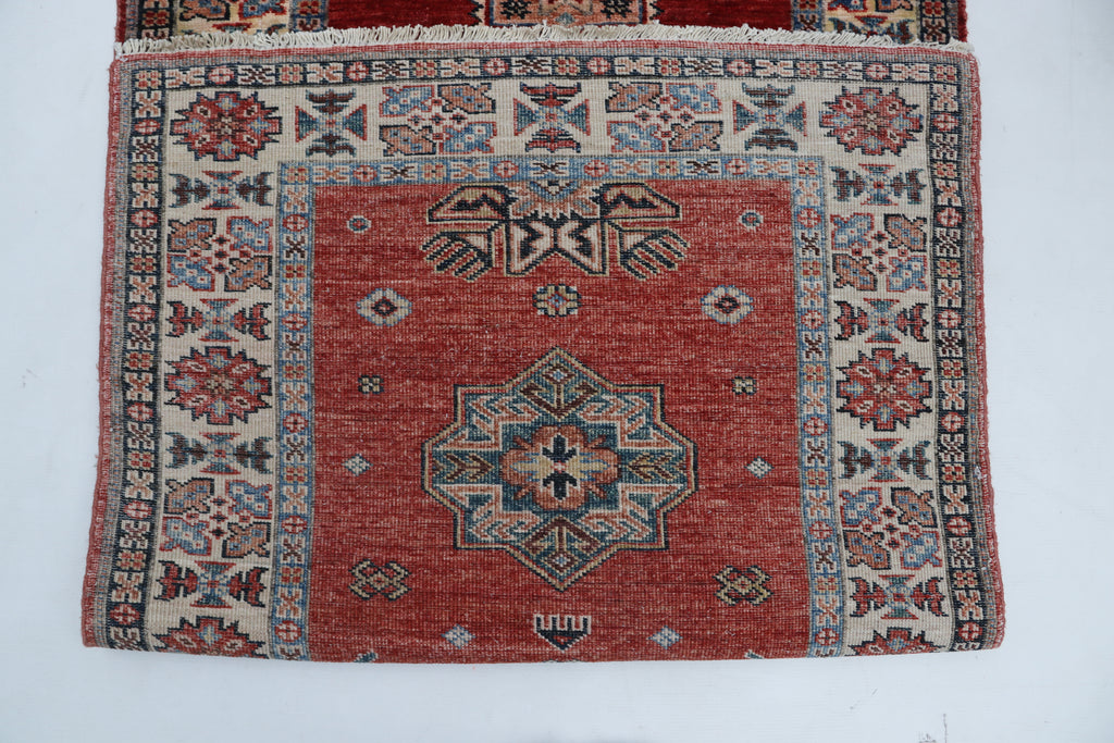 3x8 Red & Beige Super Kazak Geometric Handmade Cotton & Wool Runner Rug | Premium Luxury Runner Rug