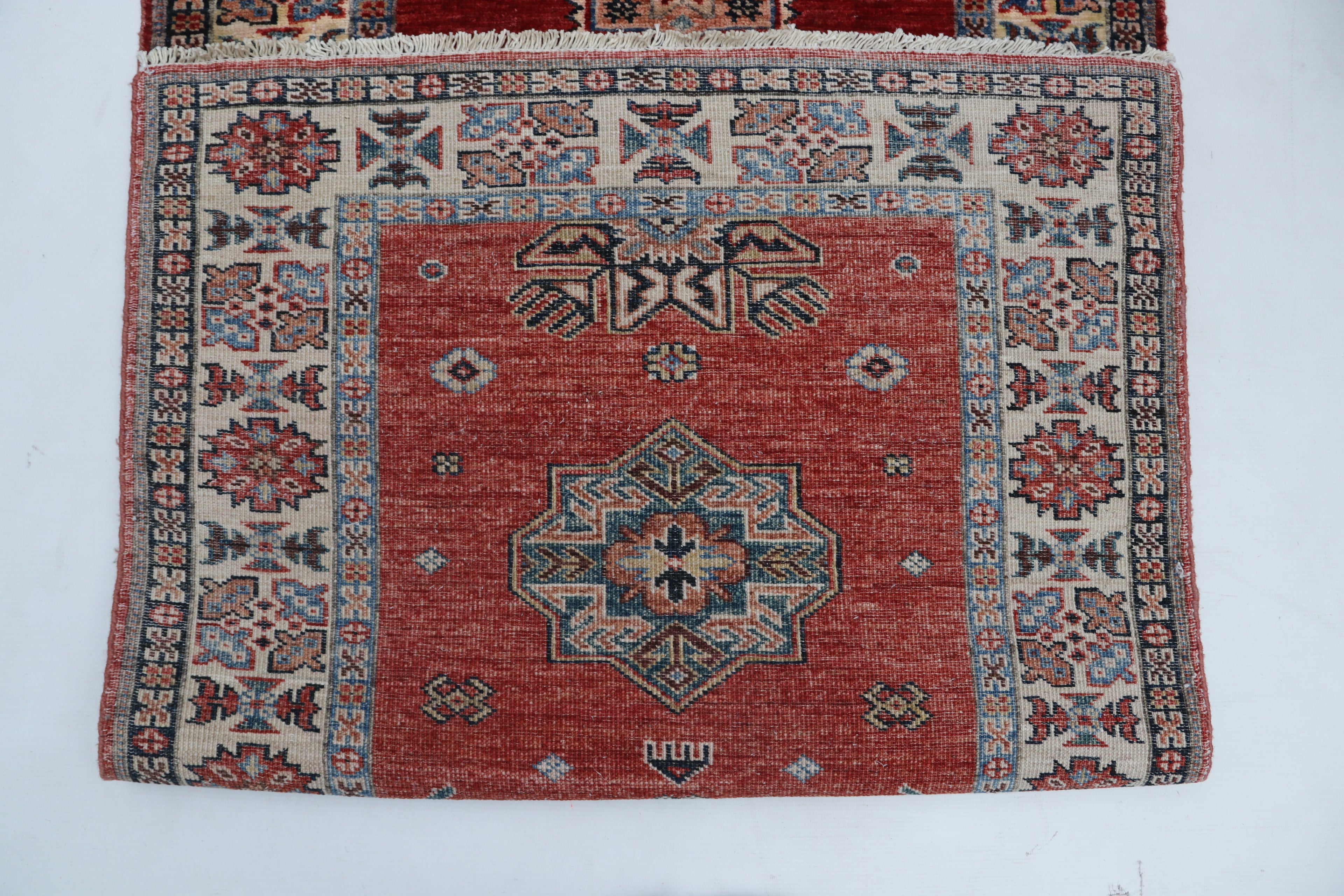 3x8 Red & Beige Super Kazak Geometric Handmade Cotton & Wool Runner Rug | Premium Luxury Runner Rug