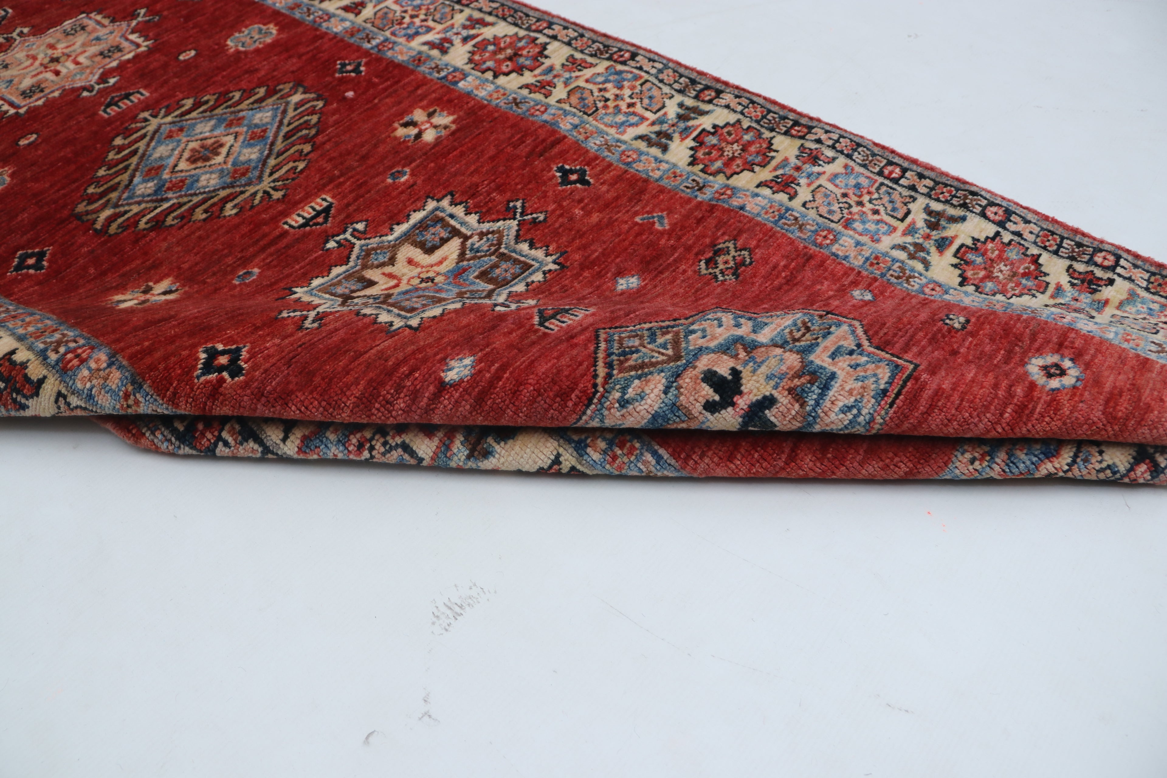 3x8 Red & Beige Super Kazak Geometric Handmade Cotton & Wool Runner Rug | Premium Luxury Runner Rug