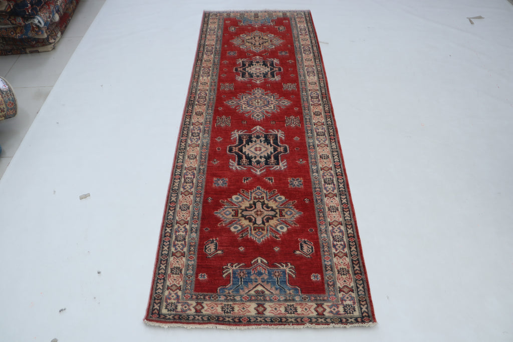 3x8 Red & Beige Super Kazak Geometric Handmade Cotton & Wool Runner Rug | Premium Luxury Runner Rug