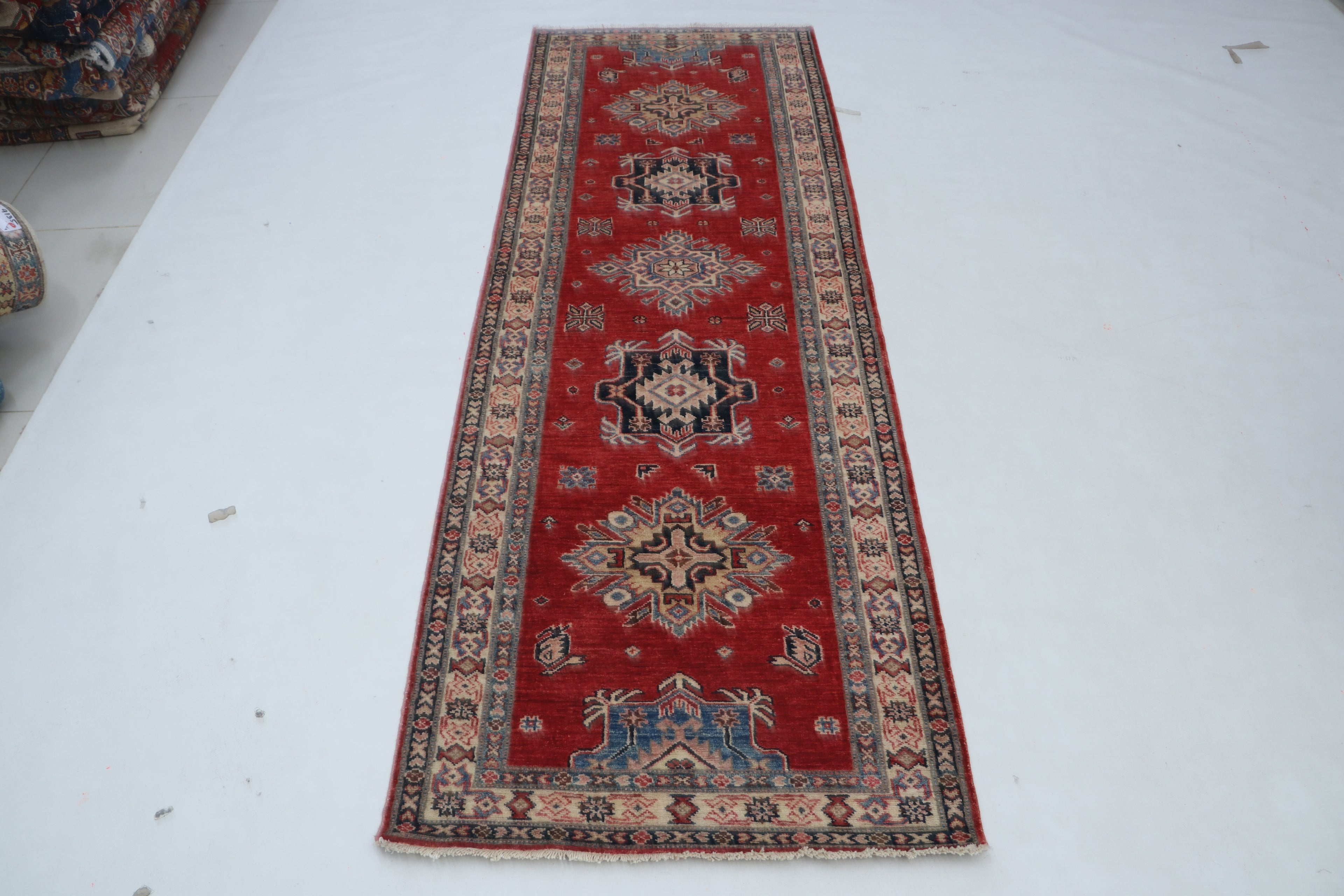 3x8 Red & Beige Super Kazak Geometric Handmade Cotton & Wool Runner Rug | Premium Luxury Runner Rug