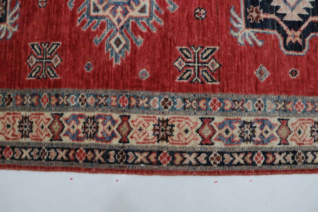3x8 Red & Beige Super Kazak Geometric Handmade Cotton & Wool Runner Rug | Premium Luxury Runner Rug