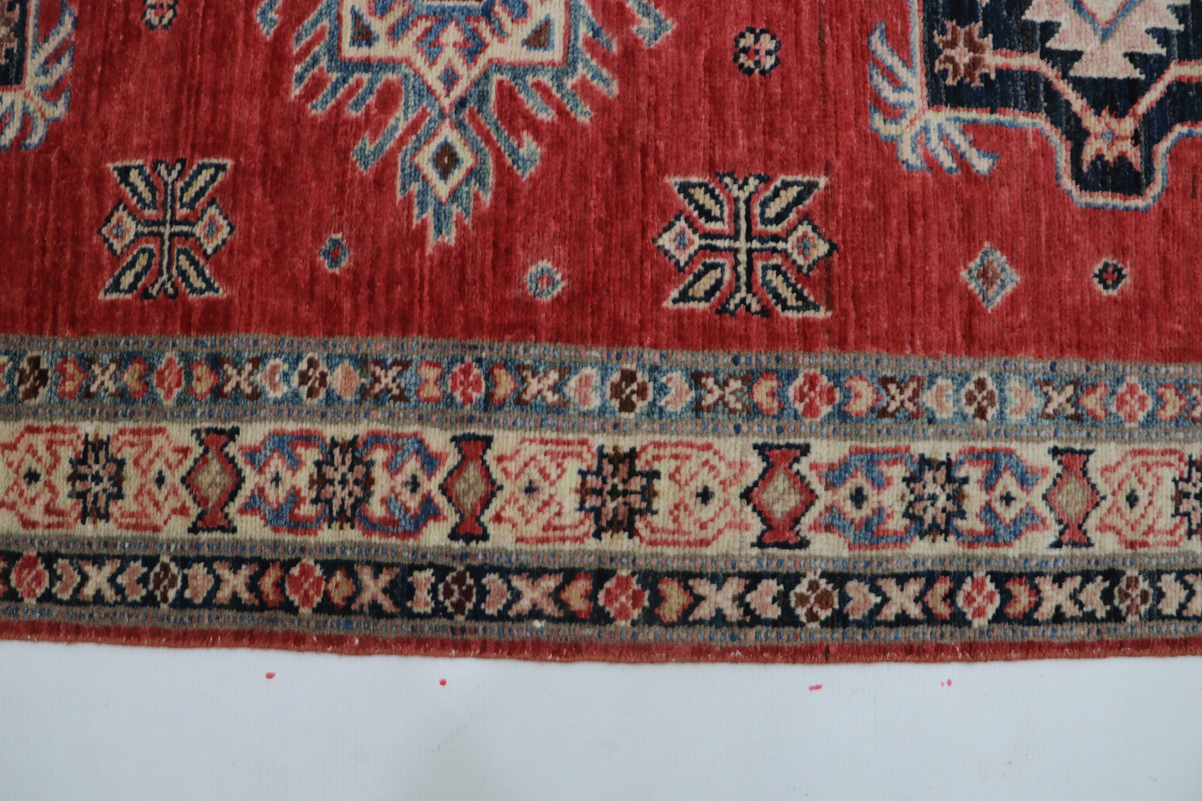 3x8 Red & Beige Super Kazak Geometric Handmade Cotton & Wool Runner Rug | Premium Luxury Runner Rug