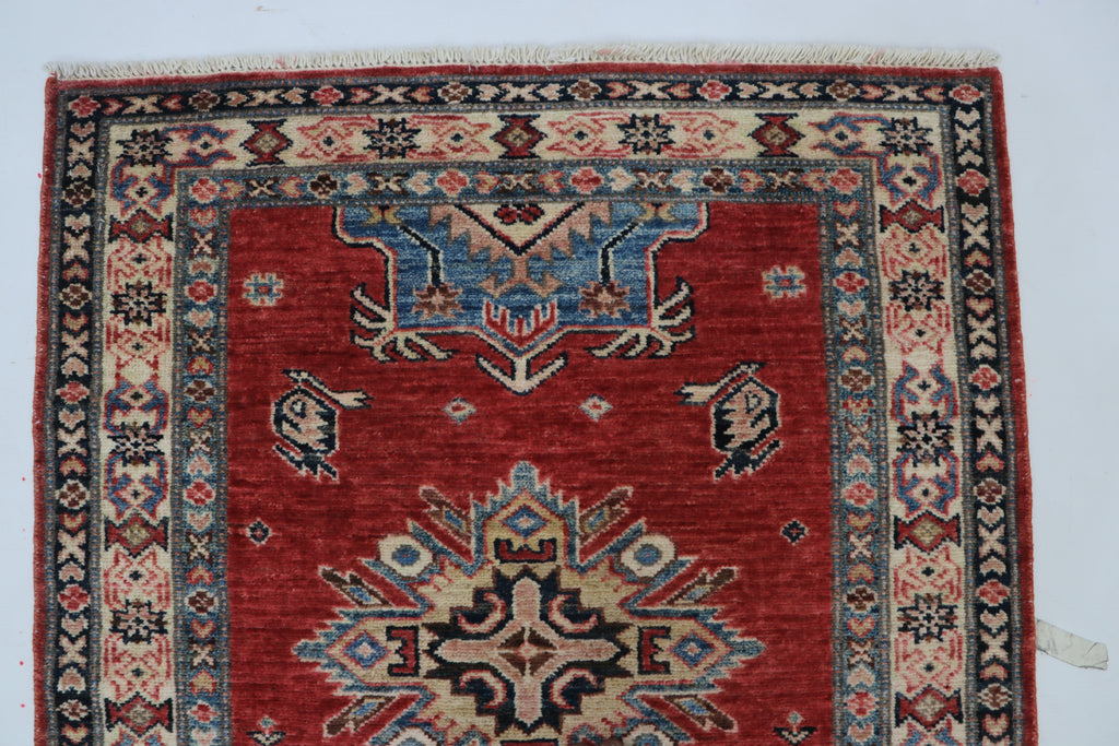 3x8 Red & Beige Super Kazak Geometric Handmade Cotton & Wool Runner Rug | Premium Luxury Runner Rug