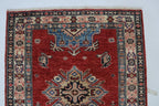 3x8 Red & Beige Super Kazak Geometric Handmade Cotton & Wool Runner Rug | Premium Luxury Runner Rug