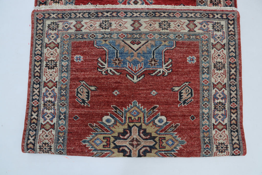 3x8 Red & Beige Super Kazak Geometric Handmade Cotton & Wool Runner Rug | Premium Luxury Runner Rug