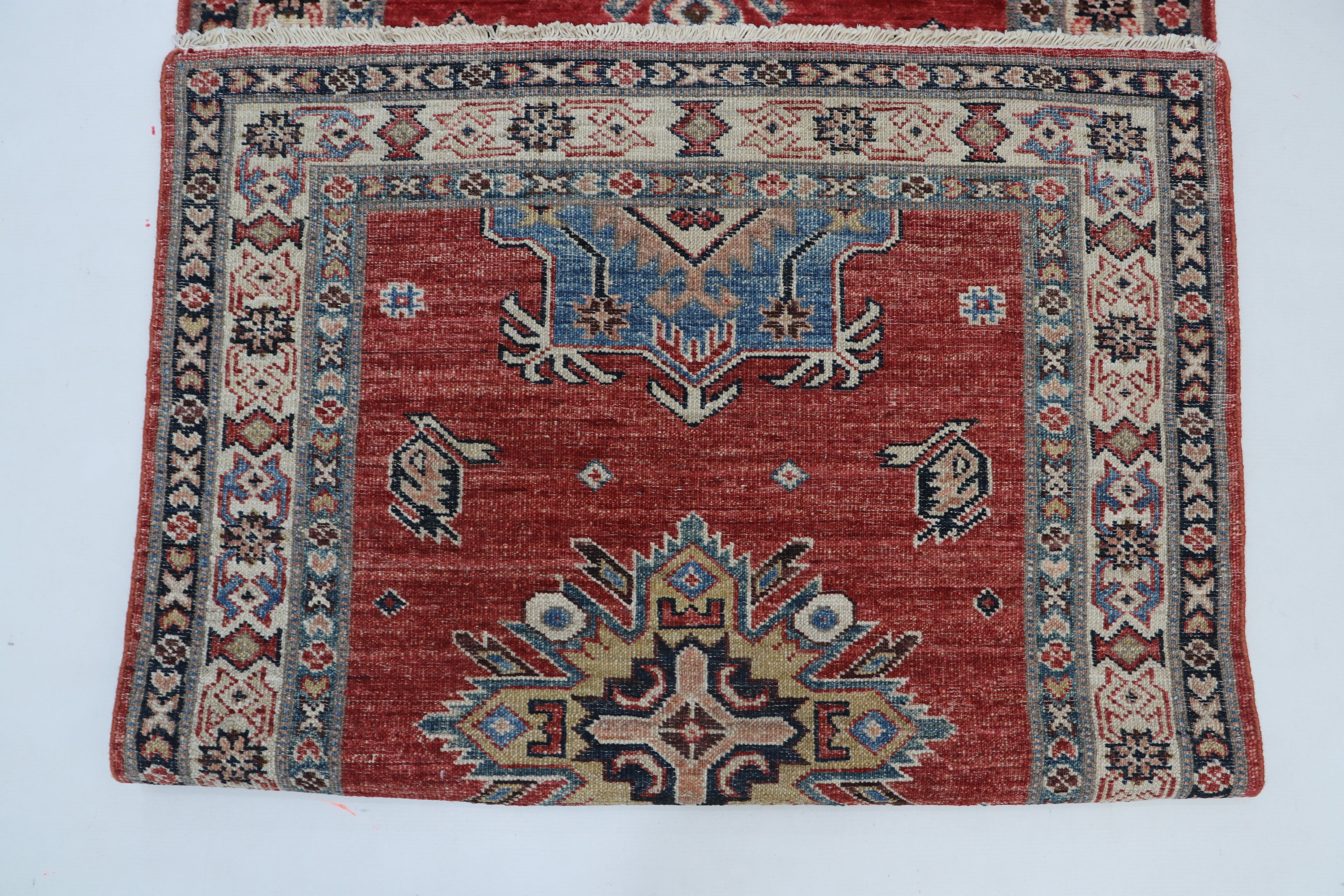3x8 Red & Beige Super Kazak Geometric Handmade Cotton & Wool Runner Rug | Premium Luxury Runner Rug