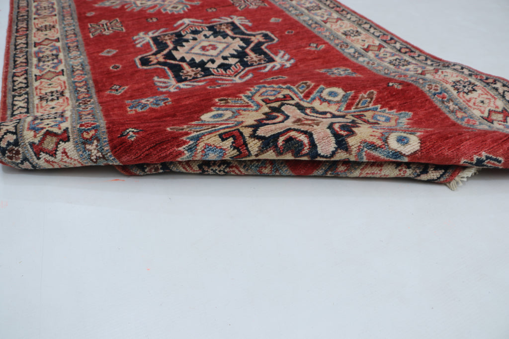 3x8 Red & Beige Super Kazak Geometric Handmade Cotton & Wool Runner Rug | Premium Luxury Runner Rug