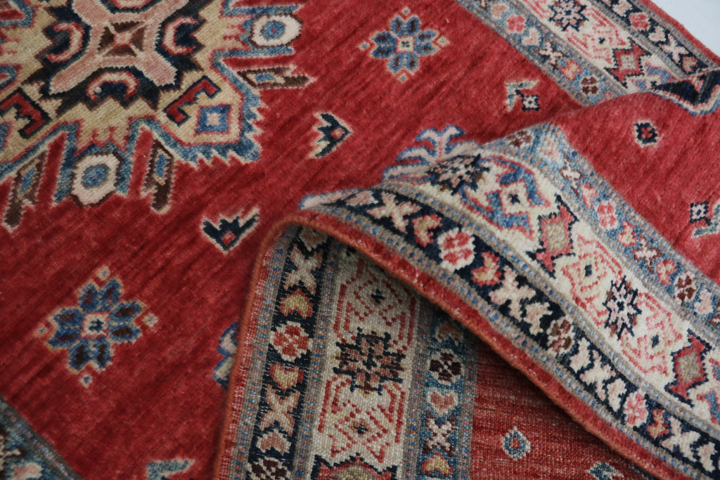 3x8 Red & Beige Super Kazak Geometric Handmade Cotton & Wool Runner Rug | Premium Luxury Runner Rug