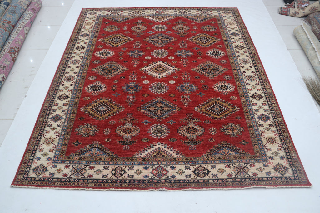 8.5x9 Red Super Kazak Geometric Area Rug | Handmade Wool & Cotton Rug