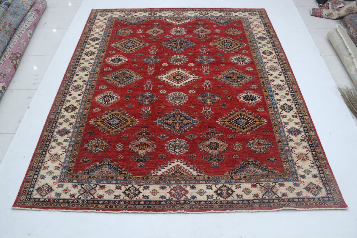 8.5x9 Red Super Kazak Geometric Area Rug | Handmade Wool & Cotton Rug