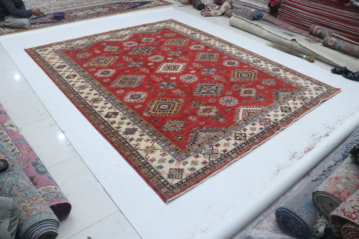 8.5x9 Red Super Kazak Geometric Area Rug | Handmade Wool & Cotton Rug