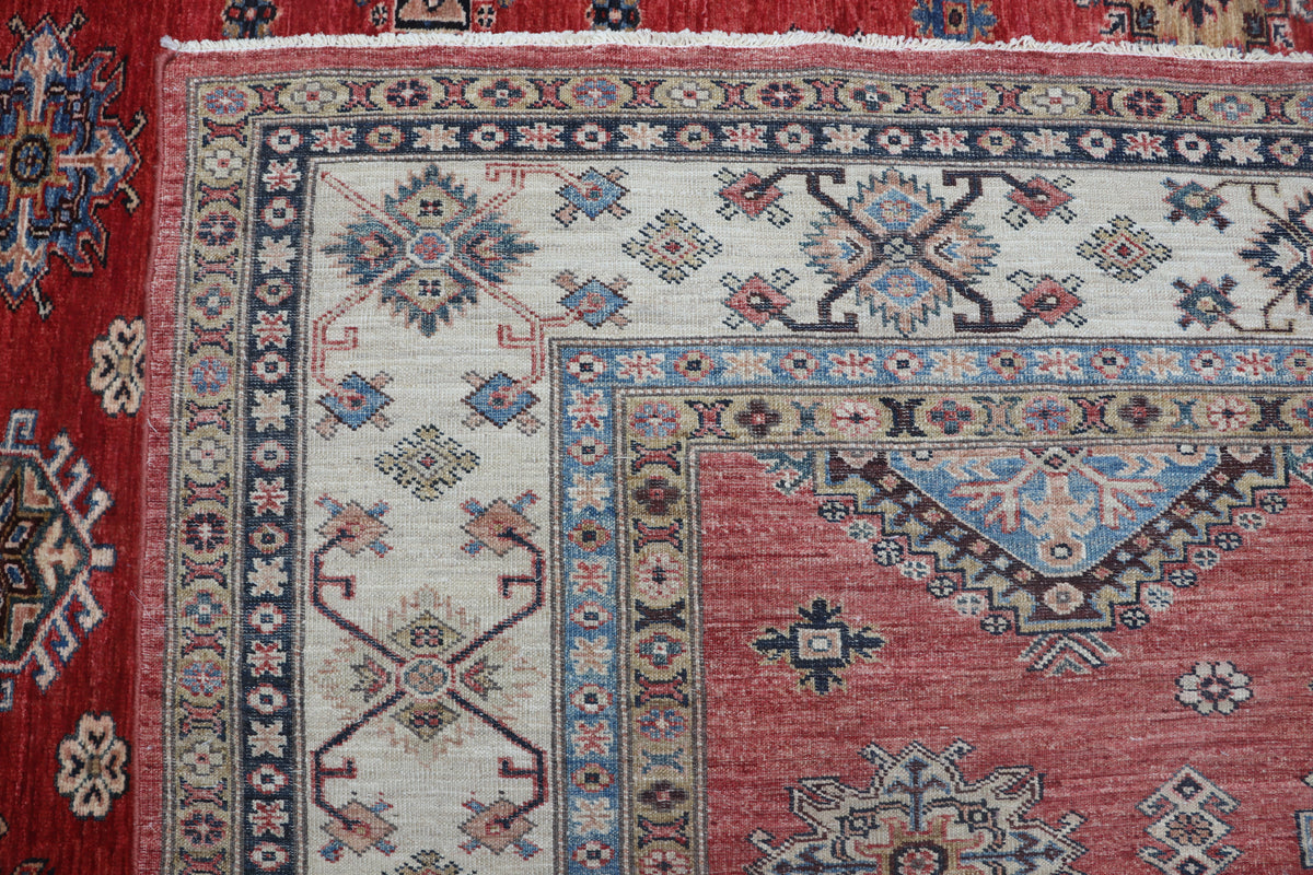 8.5x9 Red Super Kazak Geometric Area Rug | Handmade Wool & Cotton Rug