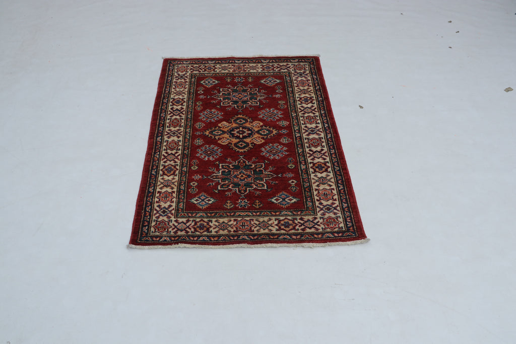 3x4 Red & Beige Super Kazak Geometric Handmade Cotton & Wool Rug | Premium Luxury Area Rug