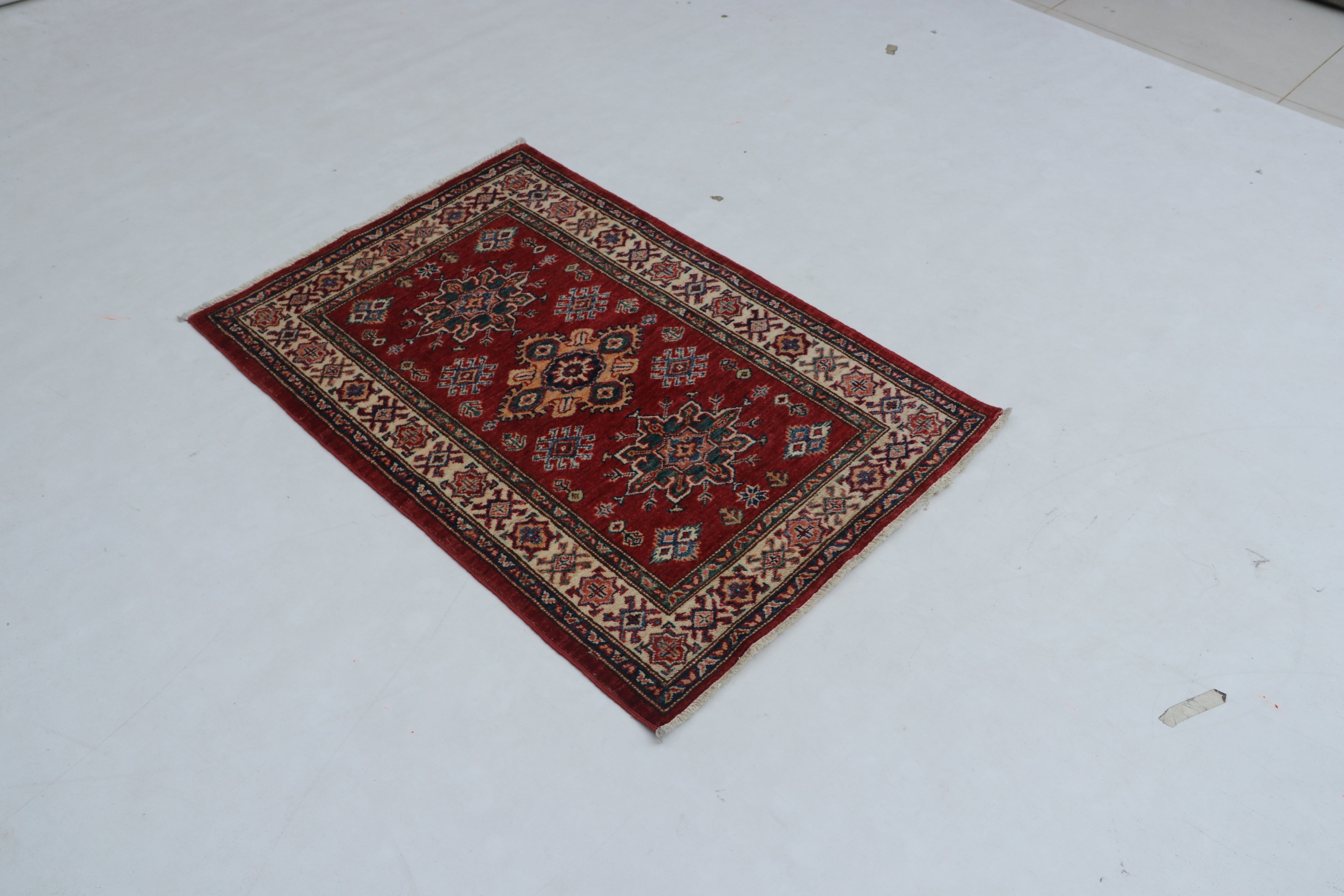 3x4 Red & Beige Super Kazak Geometric Handmade Cotton & Wool Rug | Premium Luxury Area Rug