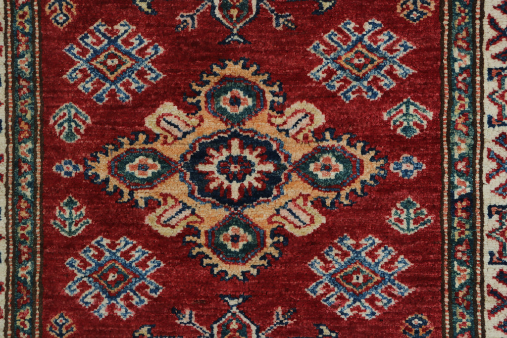 3x4 Red & Beige Super Kazak Geometric Handmade Cotton & Wool Rug | Premium Luxury Area Rug