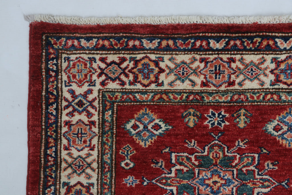 3x4 Red & Beige Super Kazak Geometric Handmade Cotton & Wool Rug | Premium Luxury Area Rug