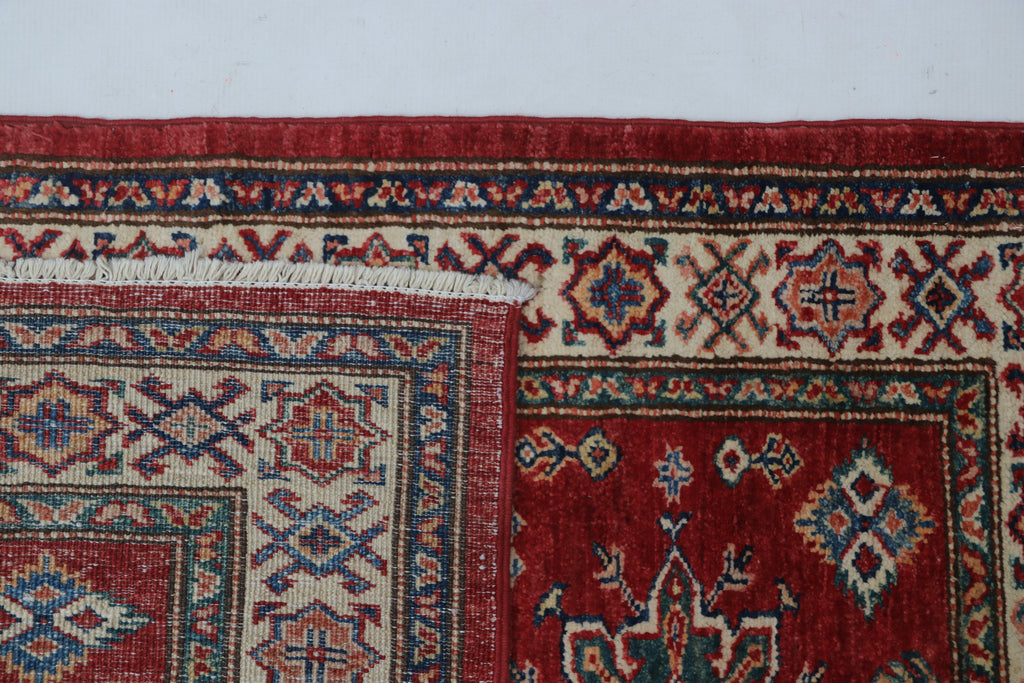 3x4 Red & Beige Super Kazak Geometric Handmade Cotton & Wool Rug | Premium Luxury Area Rug
