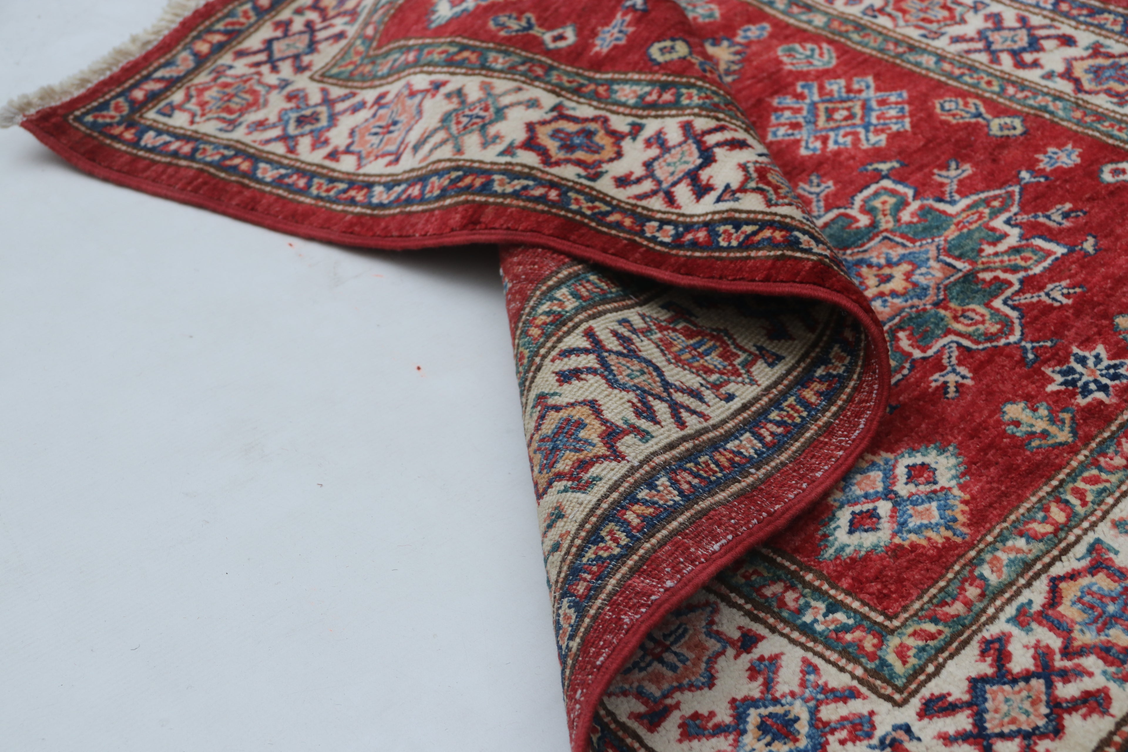 3x4 Red & Beige Super Kazak Geometric Handmade Cotton & Wool Rug | Premium Luxury Area Rug
