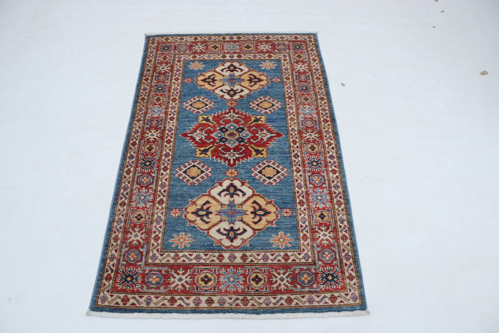 3x5 Blue & Red Super Kazak Area Rug | Handmade Wool & Cotton Geometric Rug