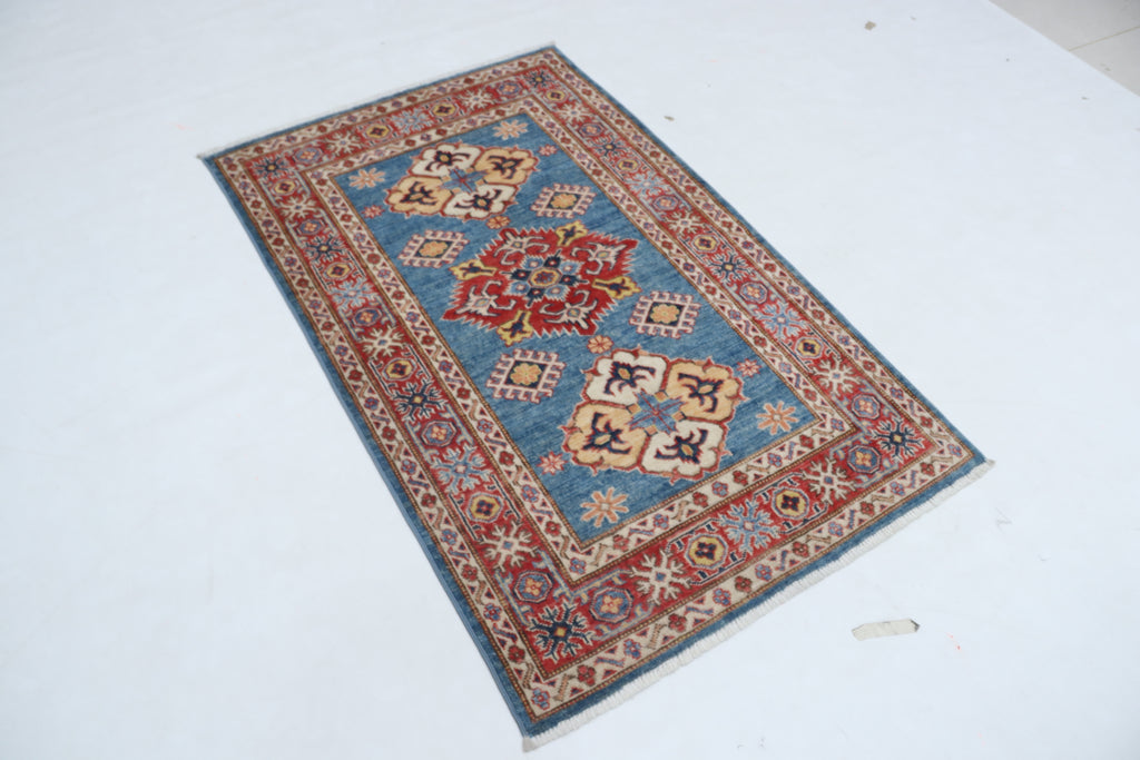 3x5 Blue & Red Super Kazak Area Rug | Handmade Wool & Cotton Geometric Rug
